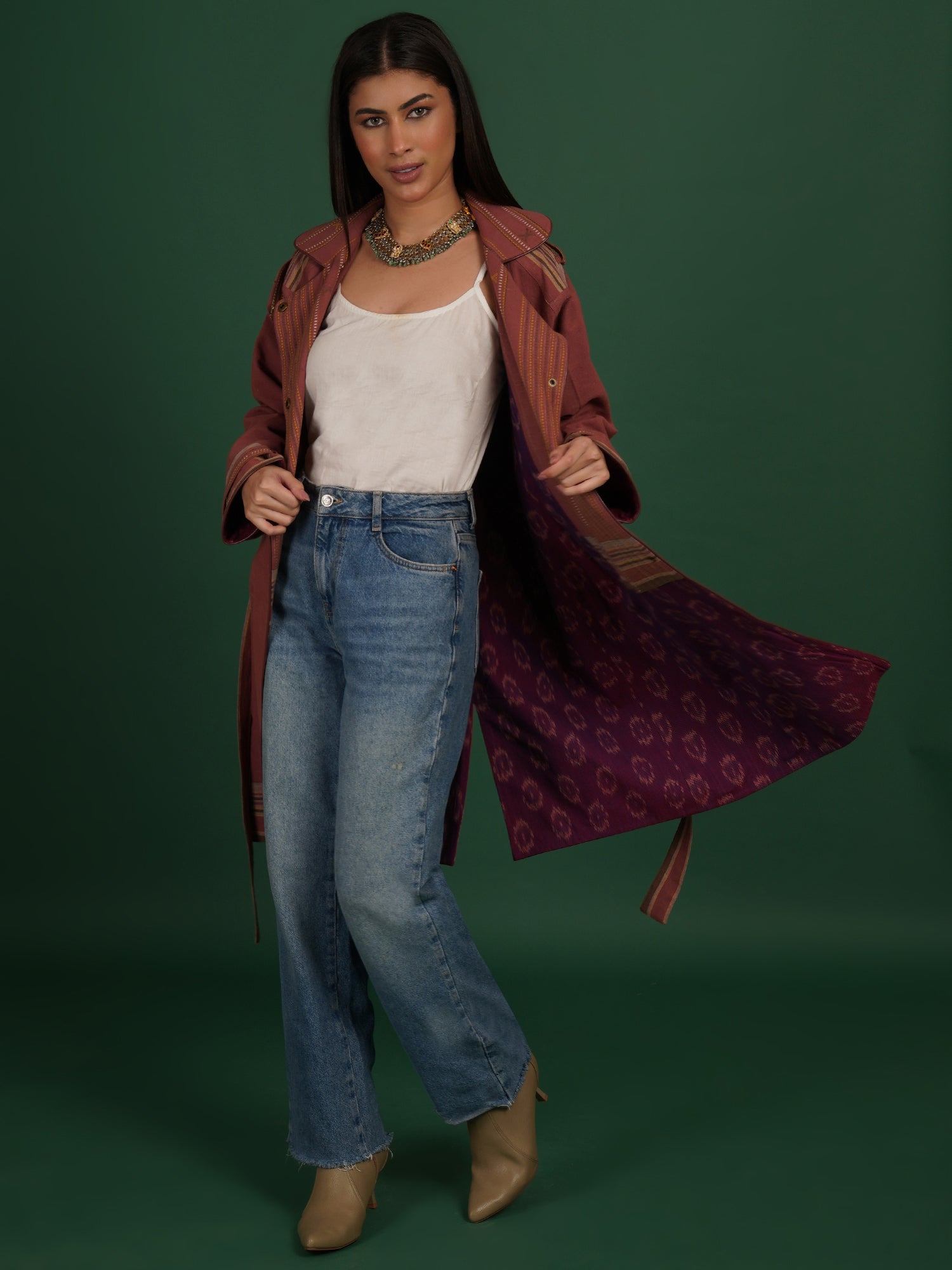 Rust Brown And Purple Bhujodi Ikat Cotton Trench Jacket