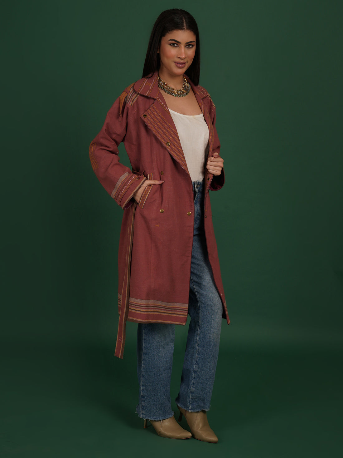 Rust Brown And Purple Bhujodi Ikat Cotton Trench Jacket