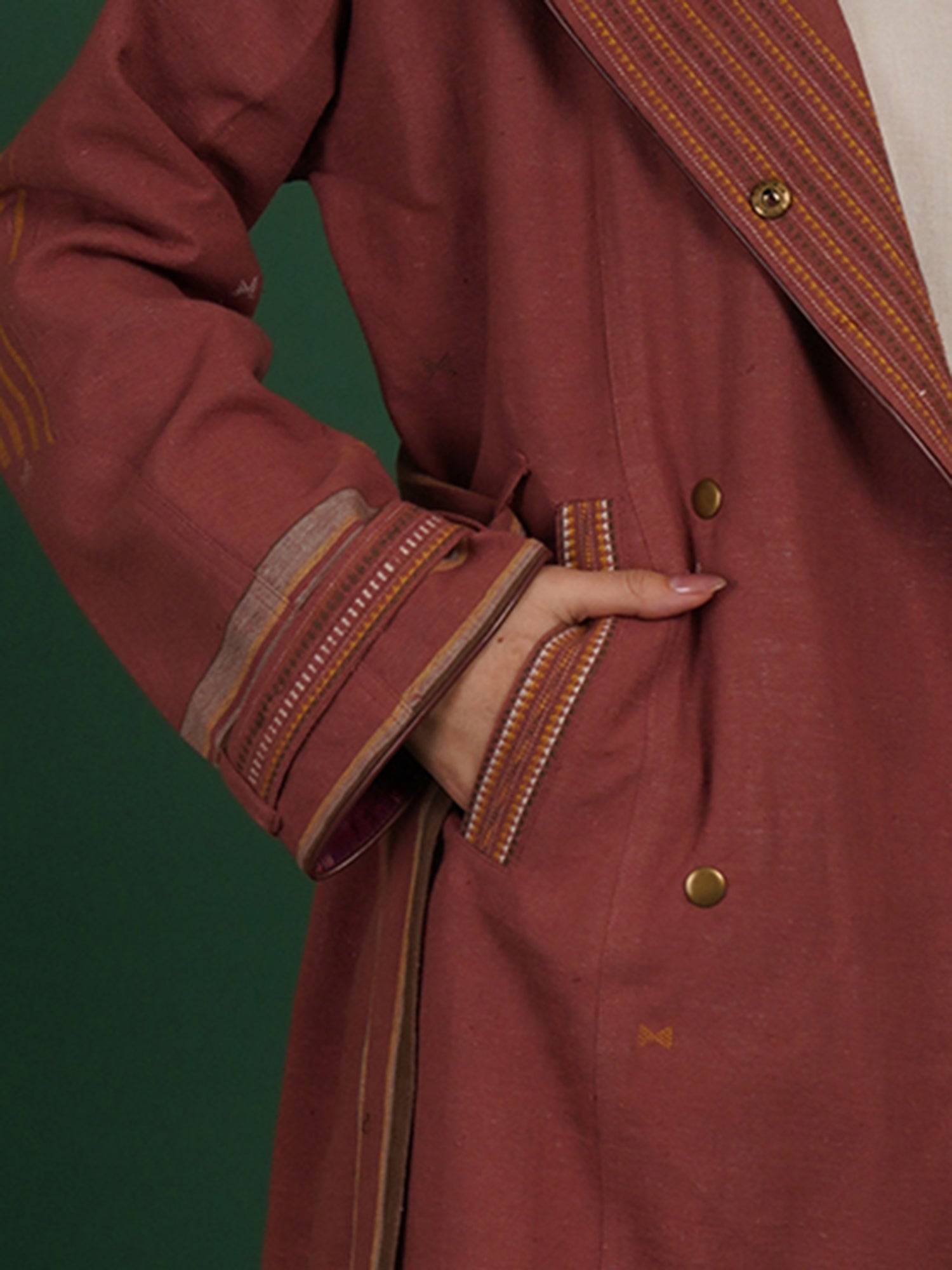 Rust Brown And Purple Bhujodi Ikat Cotton Trench Jacket