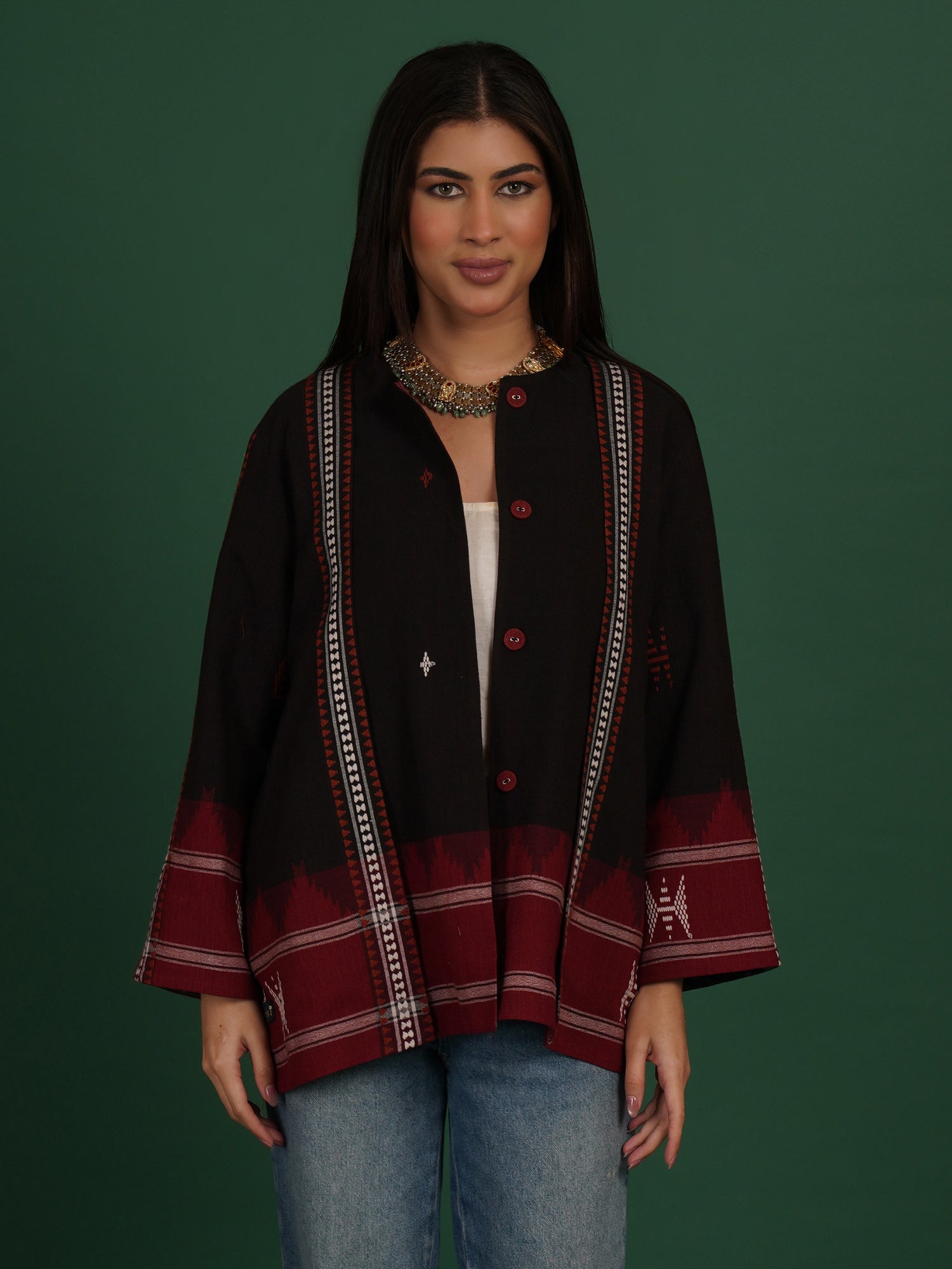 Black Maroon Kotpad Red Ikat Cotton Short Jacket