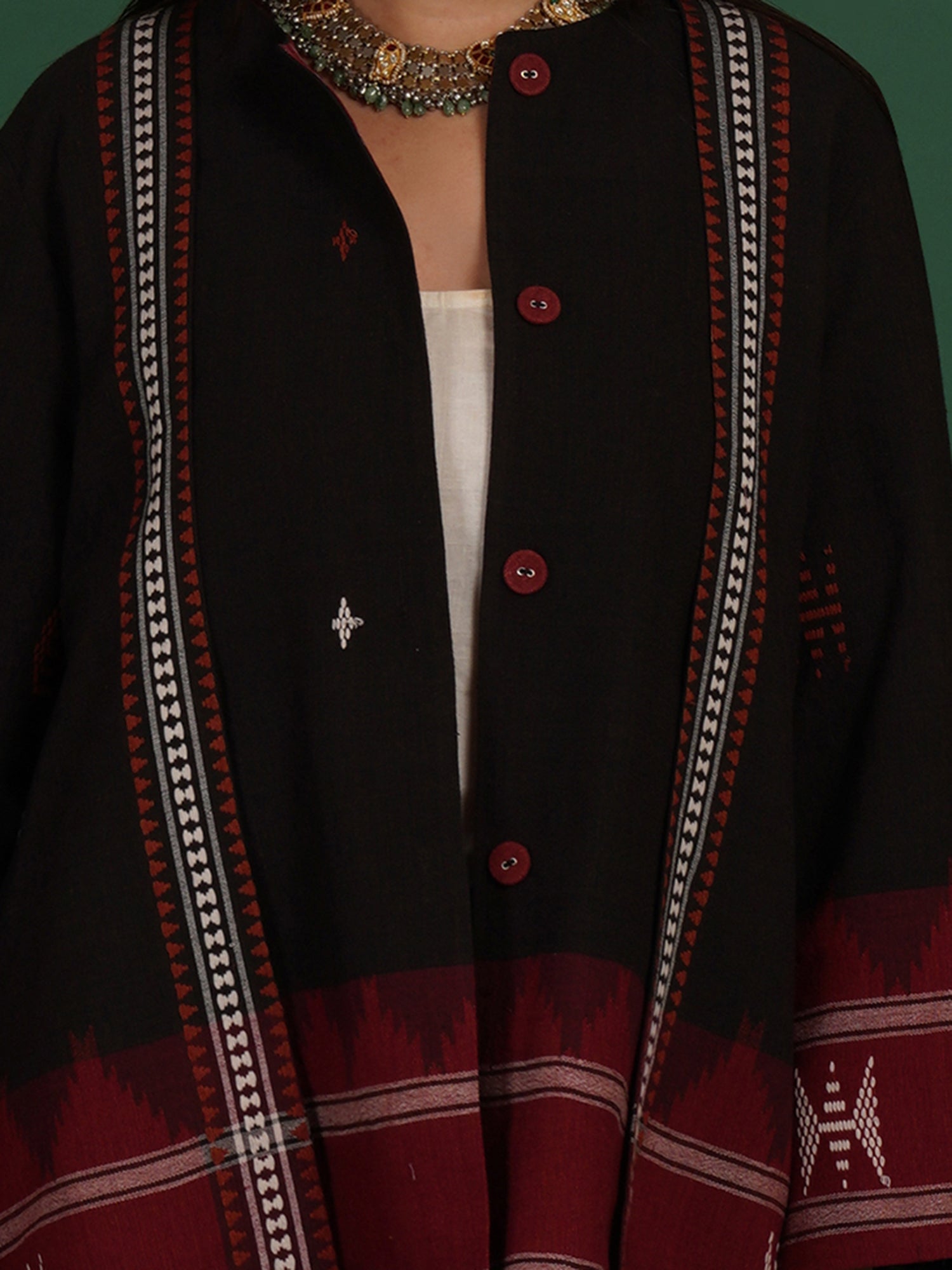 Black Maroon Kotpad Red Ikat Cotton Short Jacket