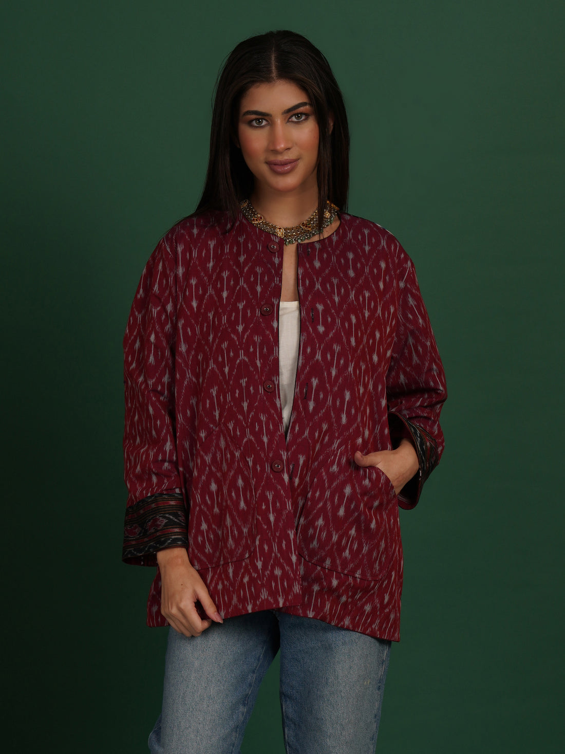 Black Maroon Kotpad Red Ikat Cotton Short Jacket