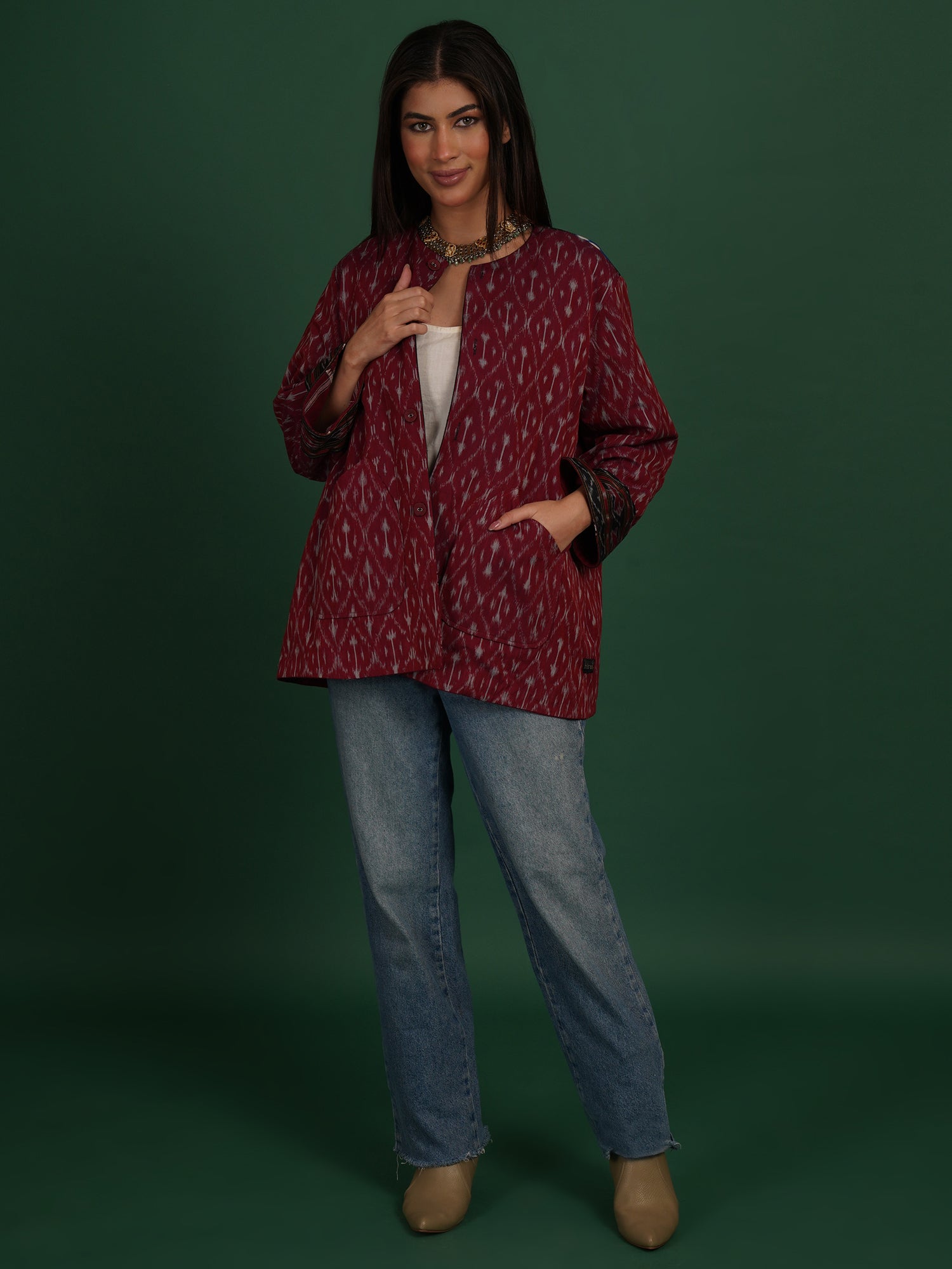 Black Maroon Kotpad Red Ikat Cotton Short Jacket