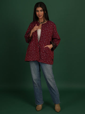 Black Maroon Kotpad Red Ikat Cotton Short Jacket