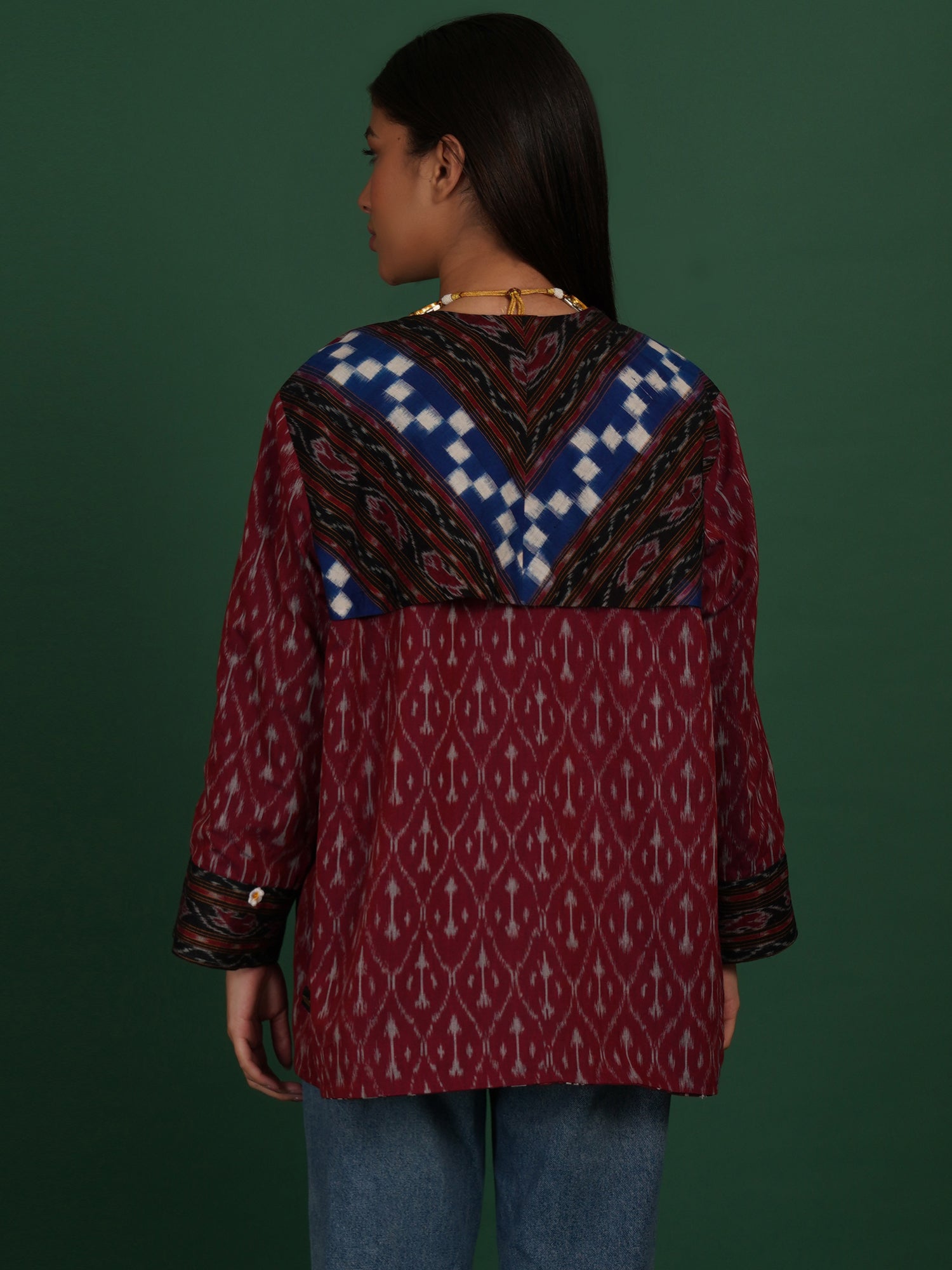 Black Maroon Kotpad Red Ikat Cotton Short Jacket