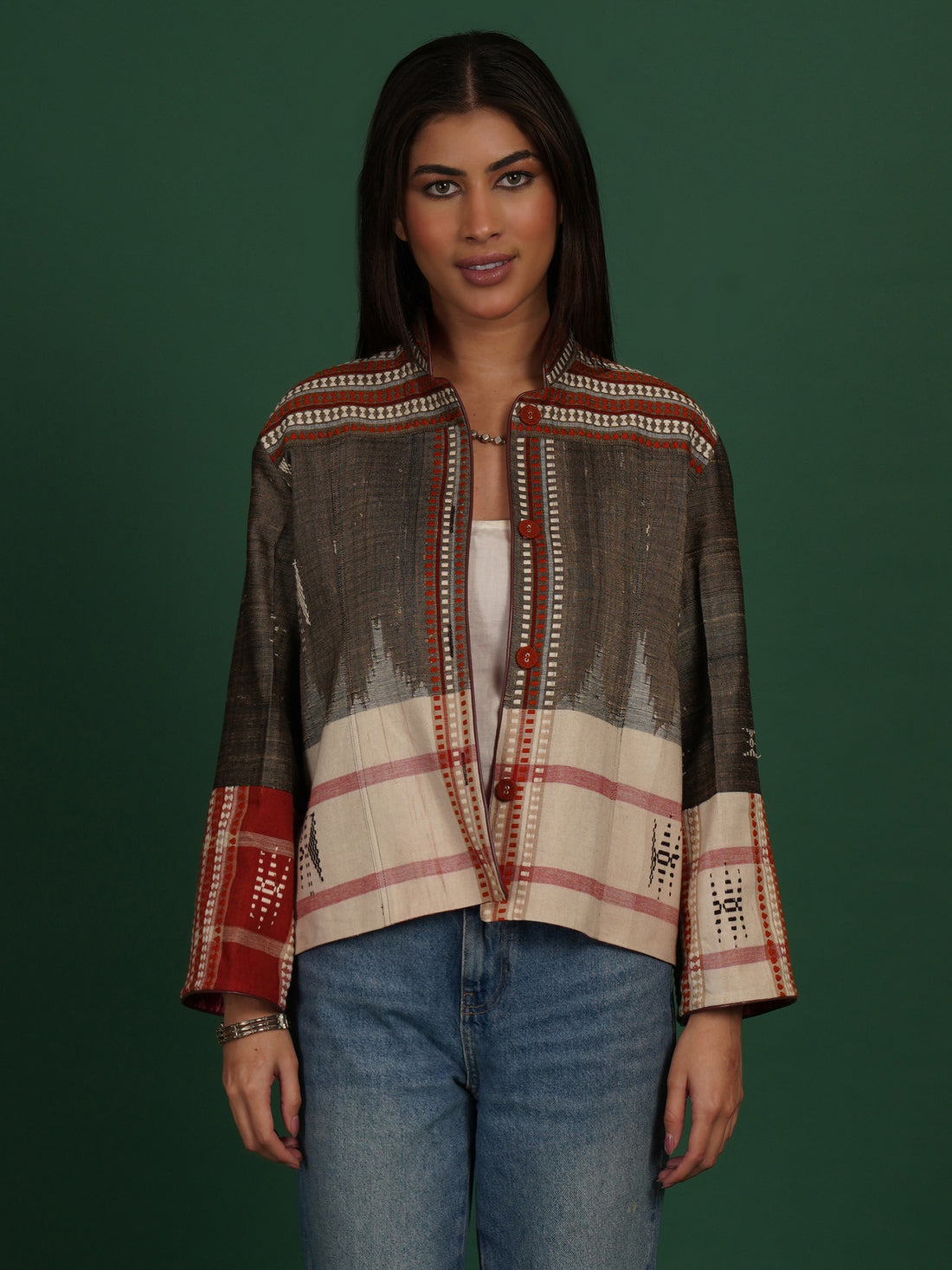 Grey And Red Kotpad Ikat Cotton Short Jacket