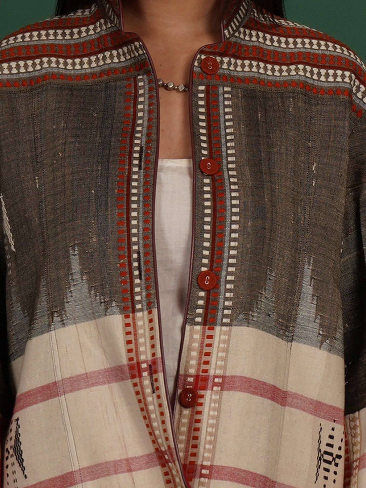 Grey And Red Kotpad Ikat Cotton Short Jacket