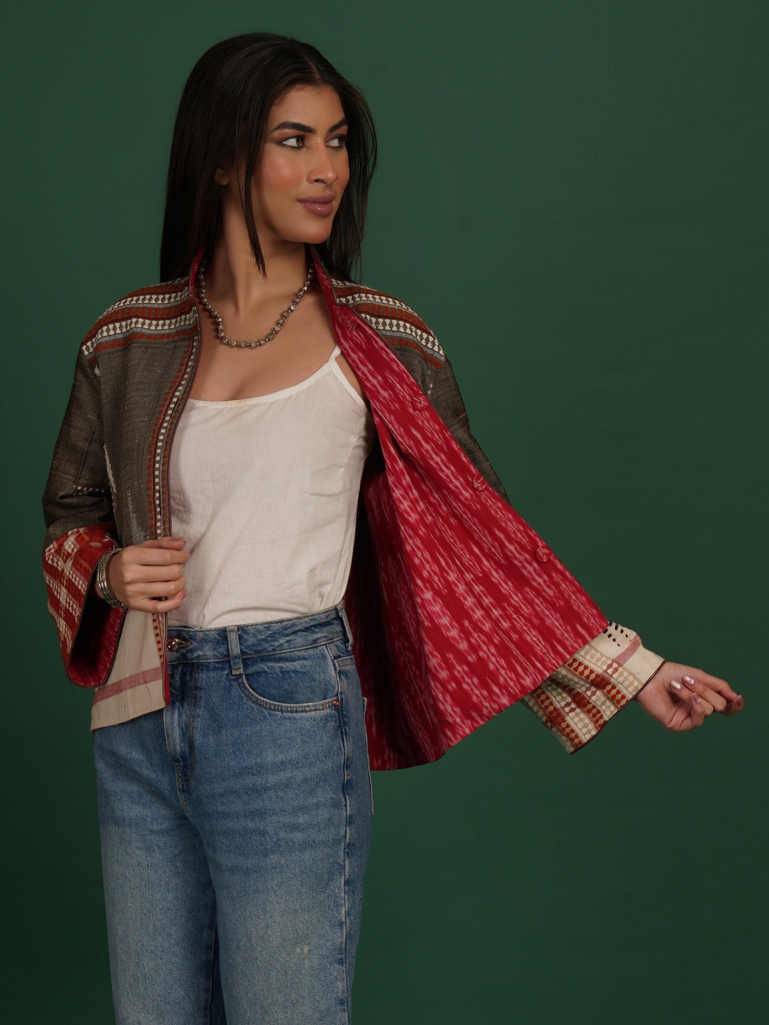 Grey And Red Kotpad Ikat Cotton Short Jacket