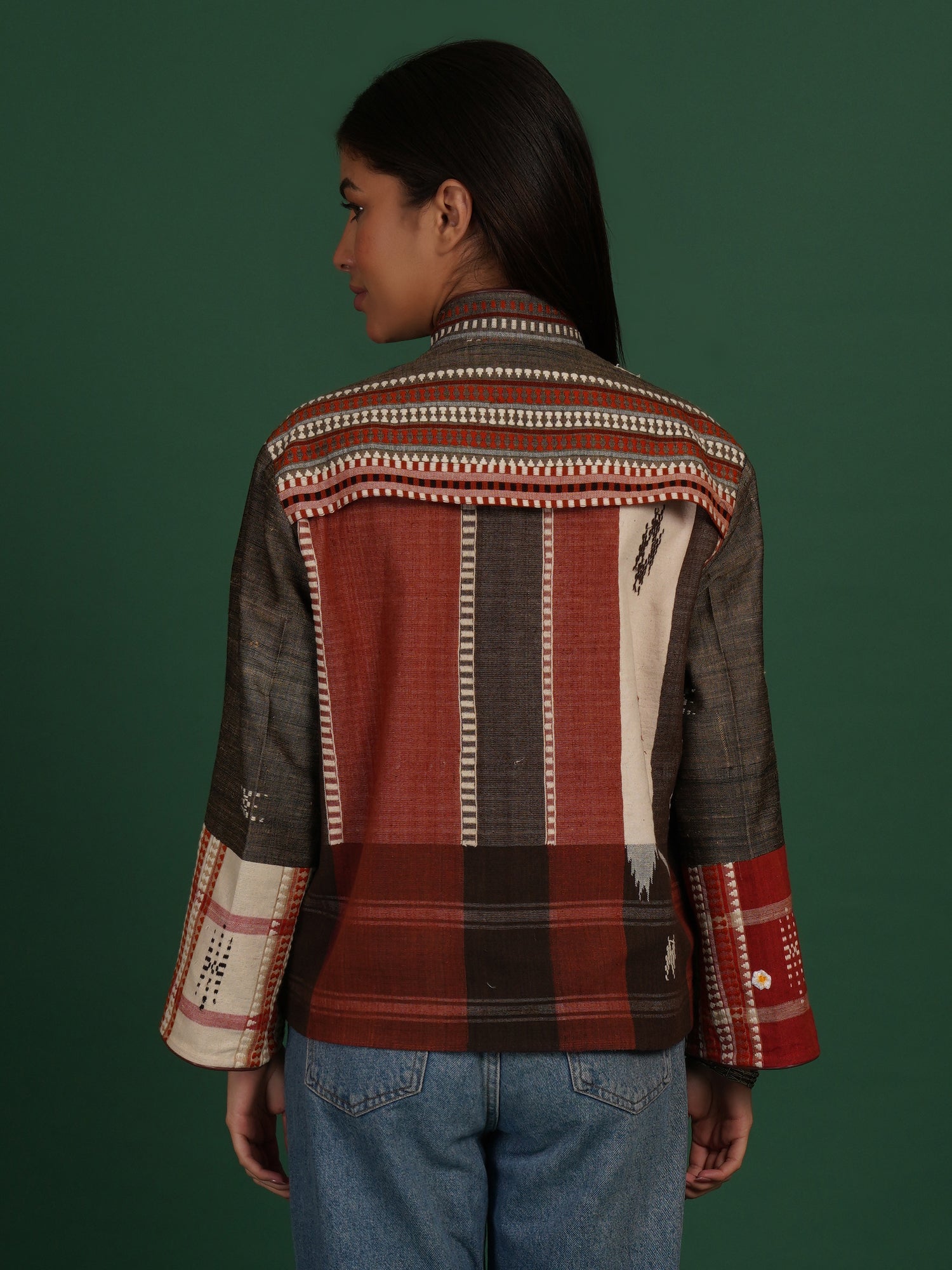 Grey And Red Kotpad Ikat Cotton Short Jacket