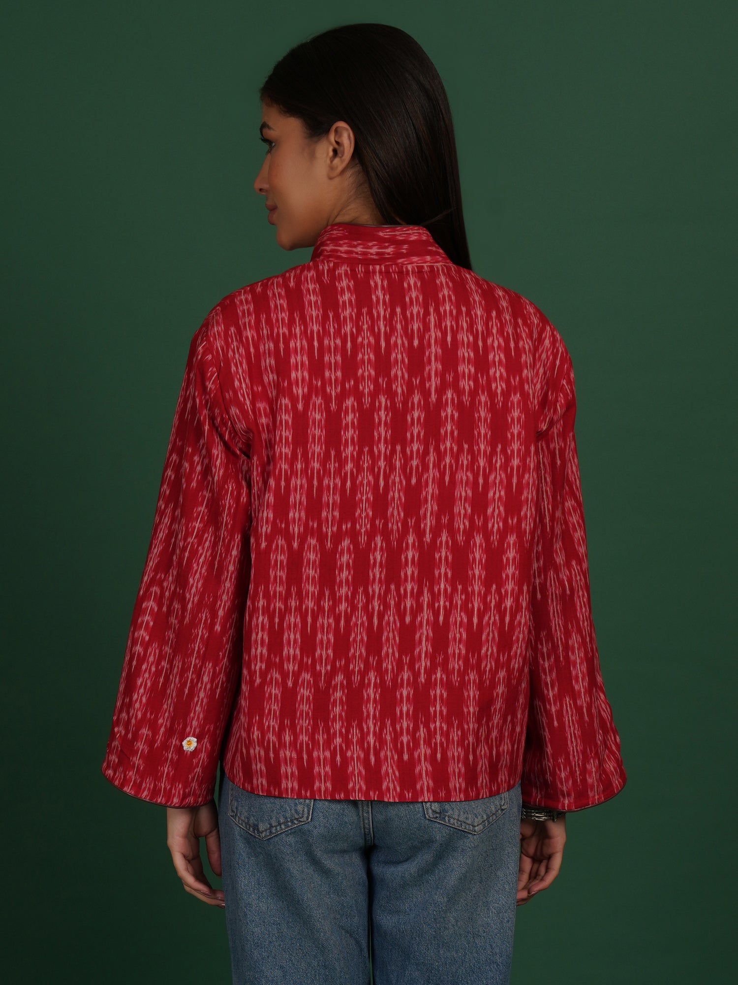 Grey And Red Kotpad Ikat Cotton Short Jacket