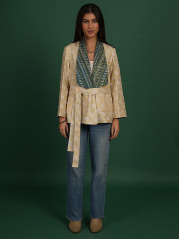 Cream Kantha Blue Ajrak Short Jacket