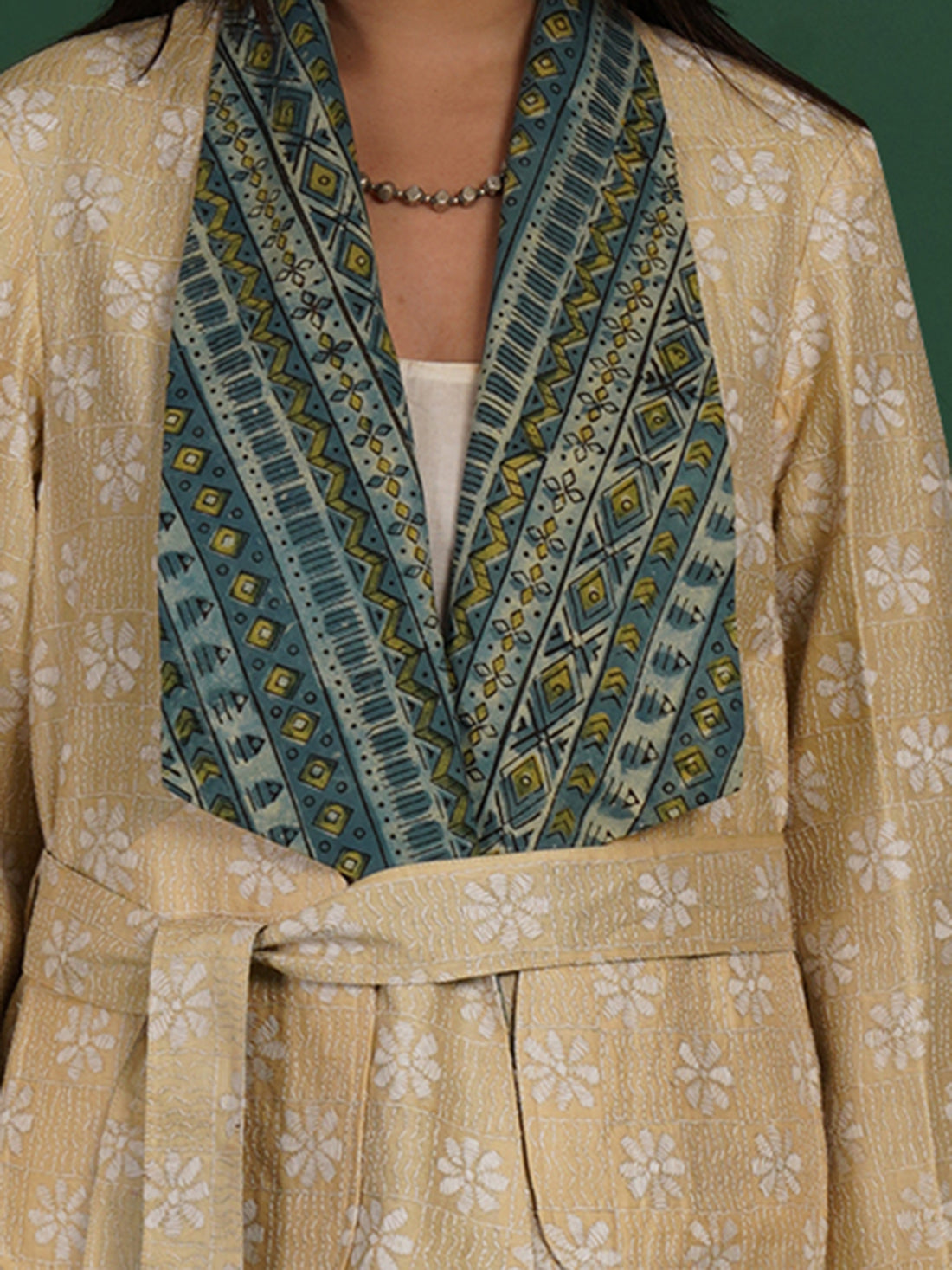 Cream Kantha Blue Ajrak Short Jacket