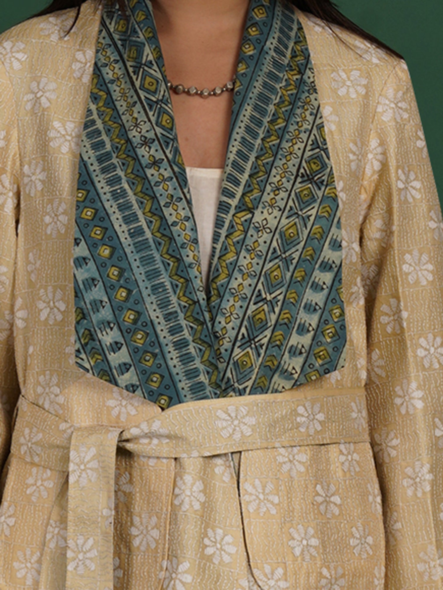 Cream Kantha Blue Ajrak Short Jacket