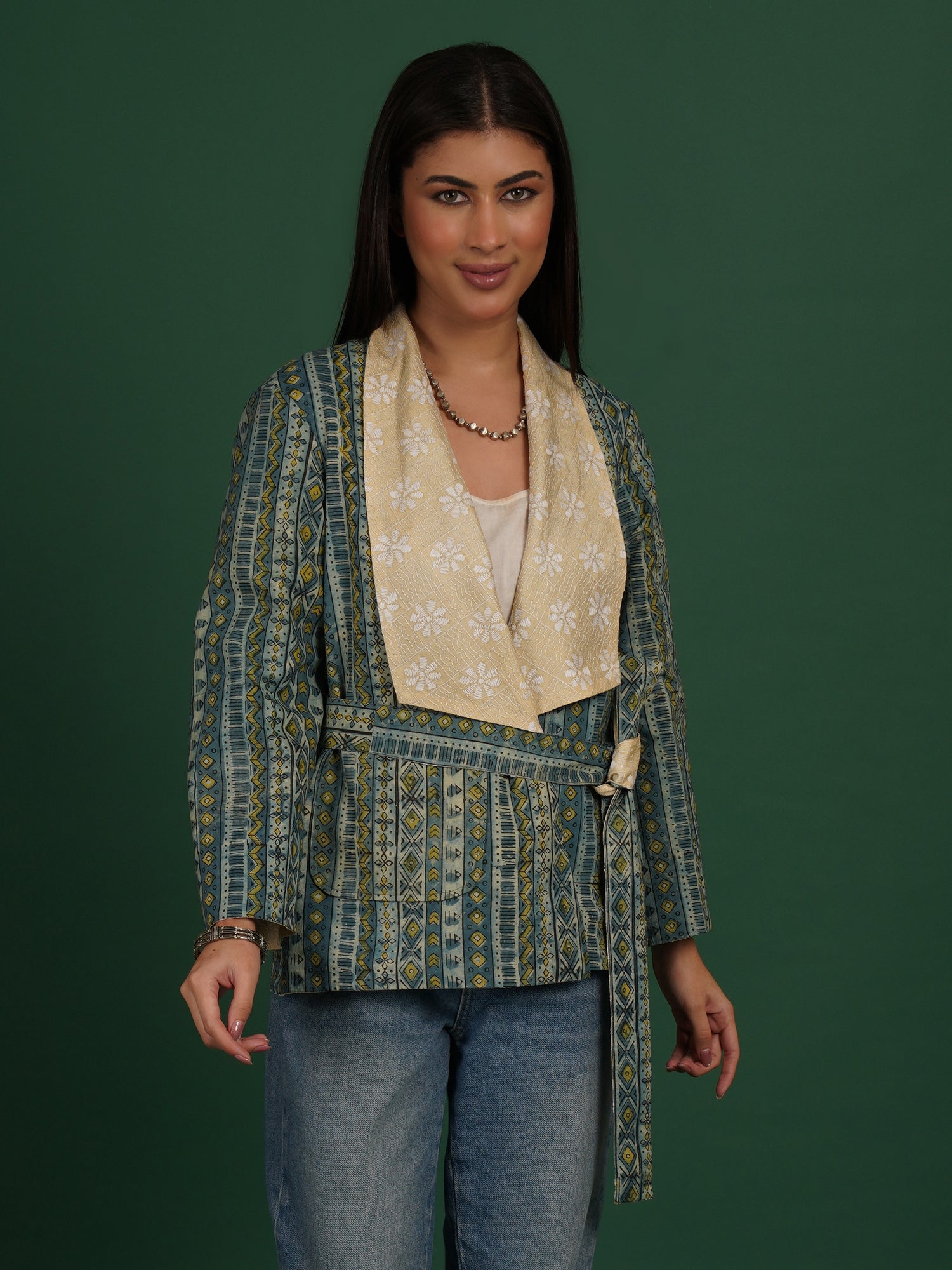 Cream Kantha Blue Ajrak Short Jacket