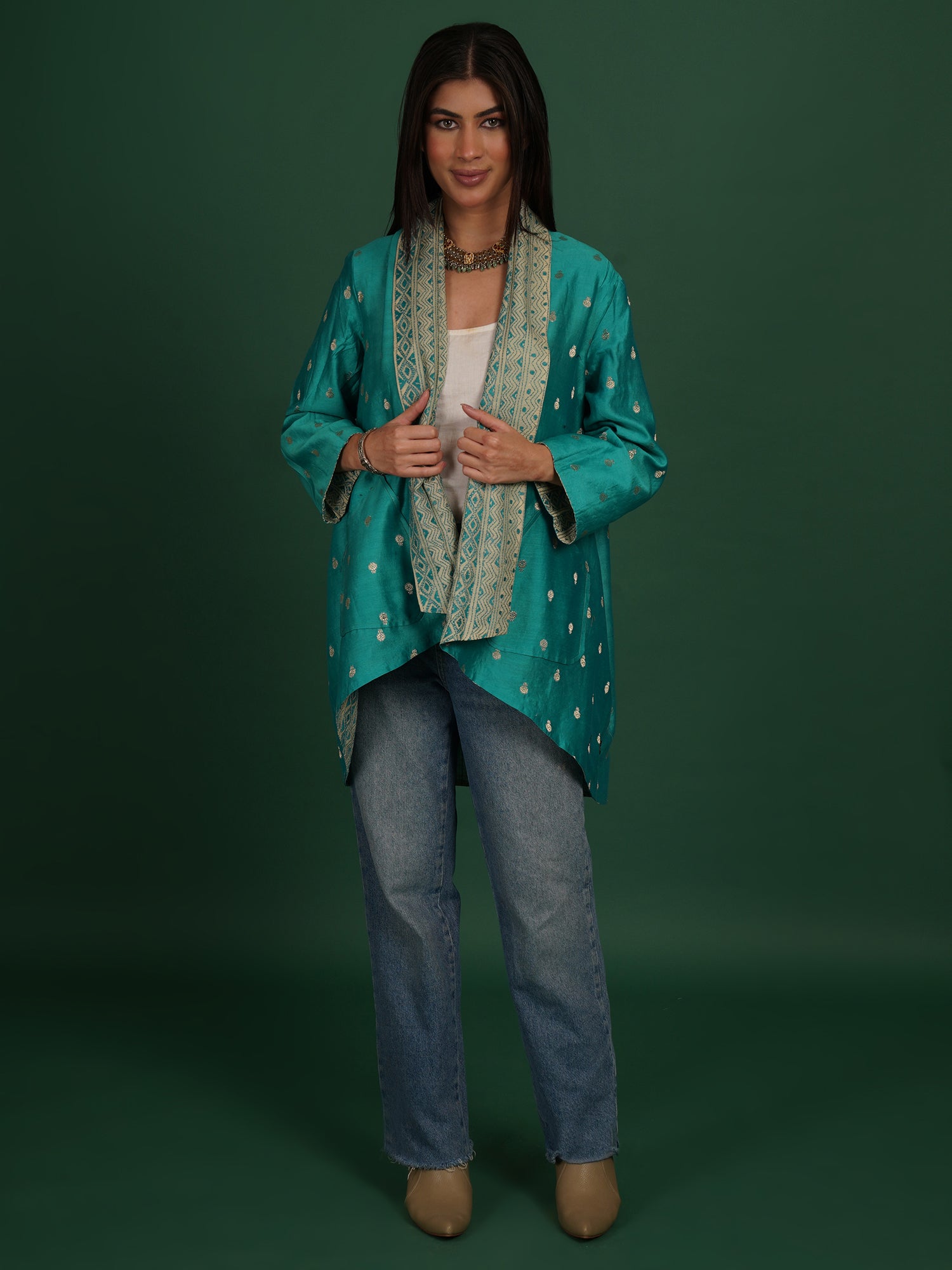 Navy Blue Kantha Chanderi Overlay