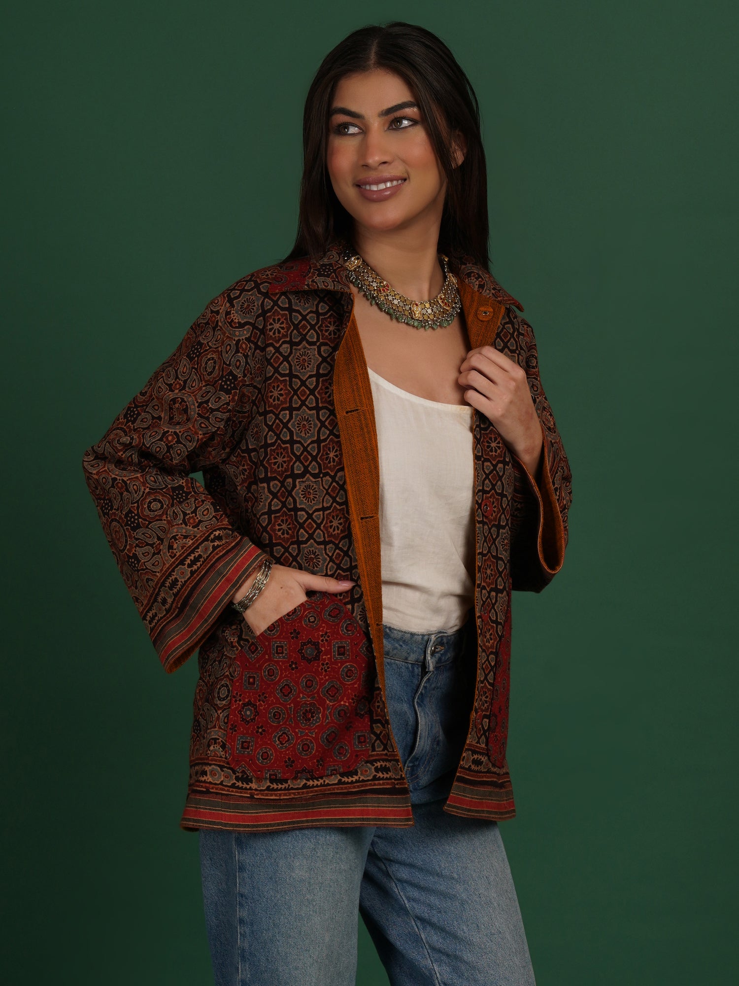 Ajrak Bhujodi Yellow Woollen Short Jacket