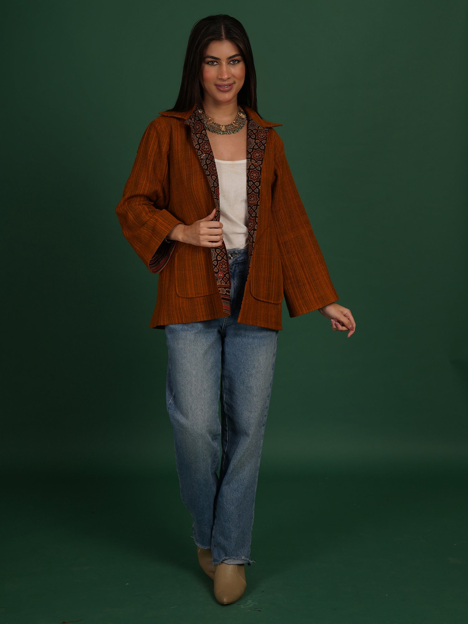 Ajrak Bhujodi Yellow Woollen Short Jacket