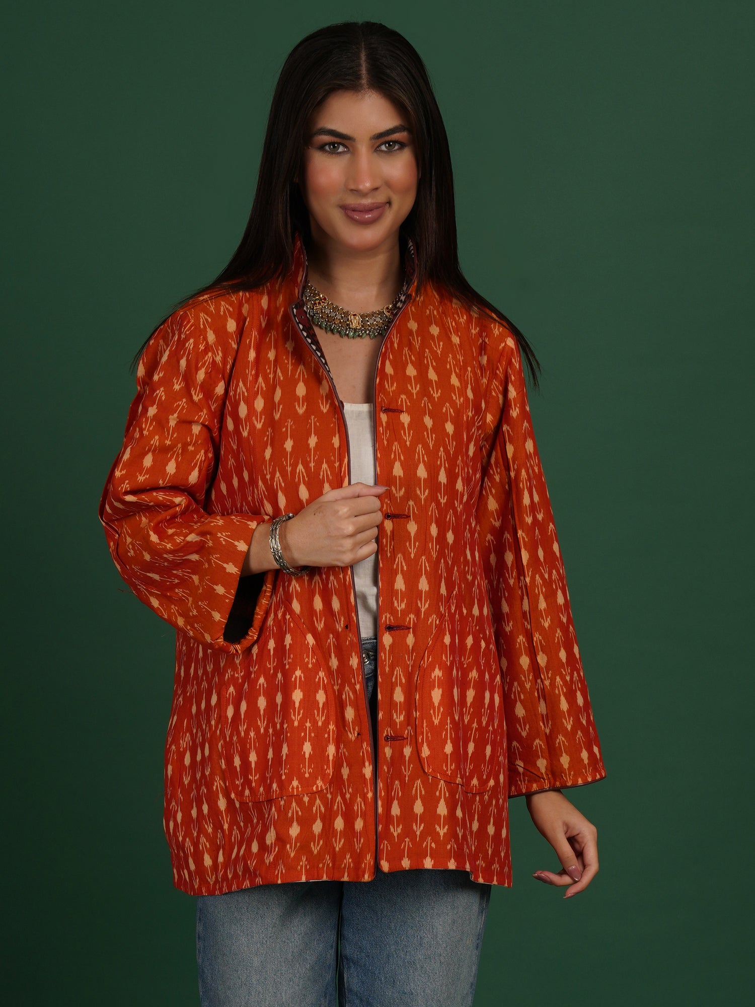 Maroon Kotpad Orange Ikat Cotton Short Jacket