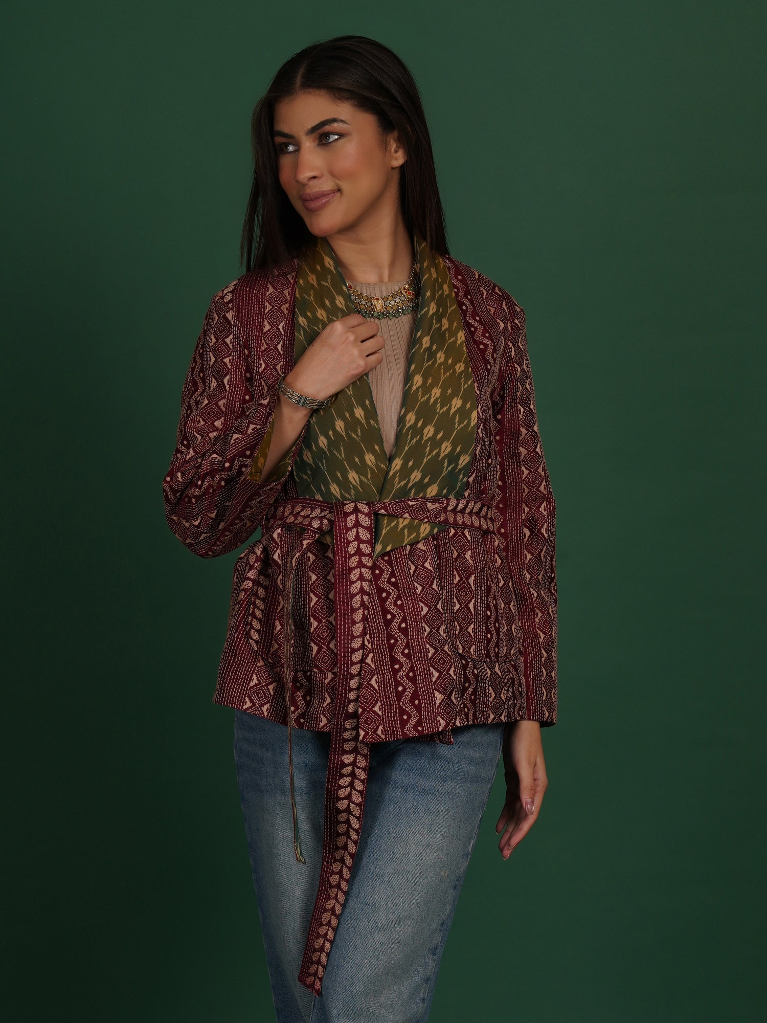 Maroon Kantha Green Ikat Cotton Short Jacket