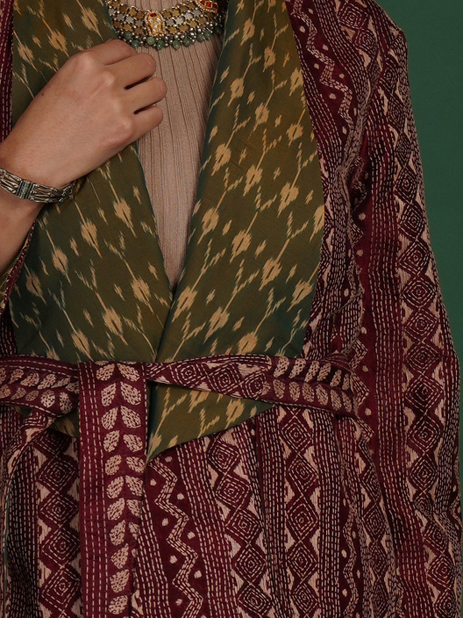 Maroon Kantha Green Ikat Cotton Short Jacket