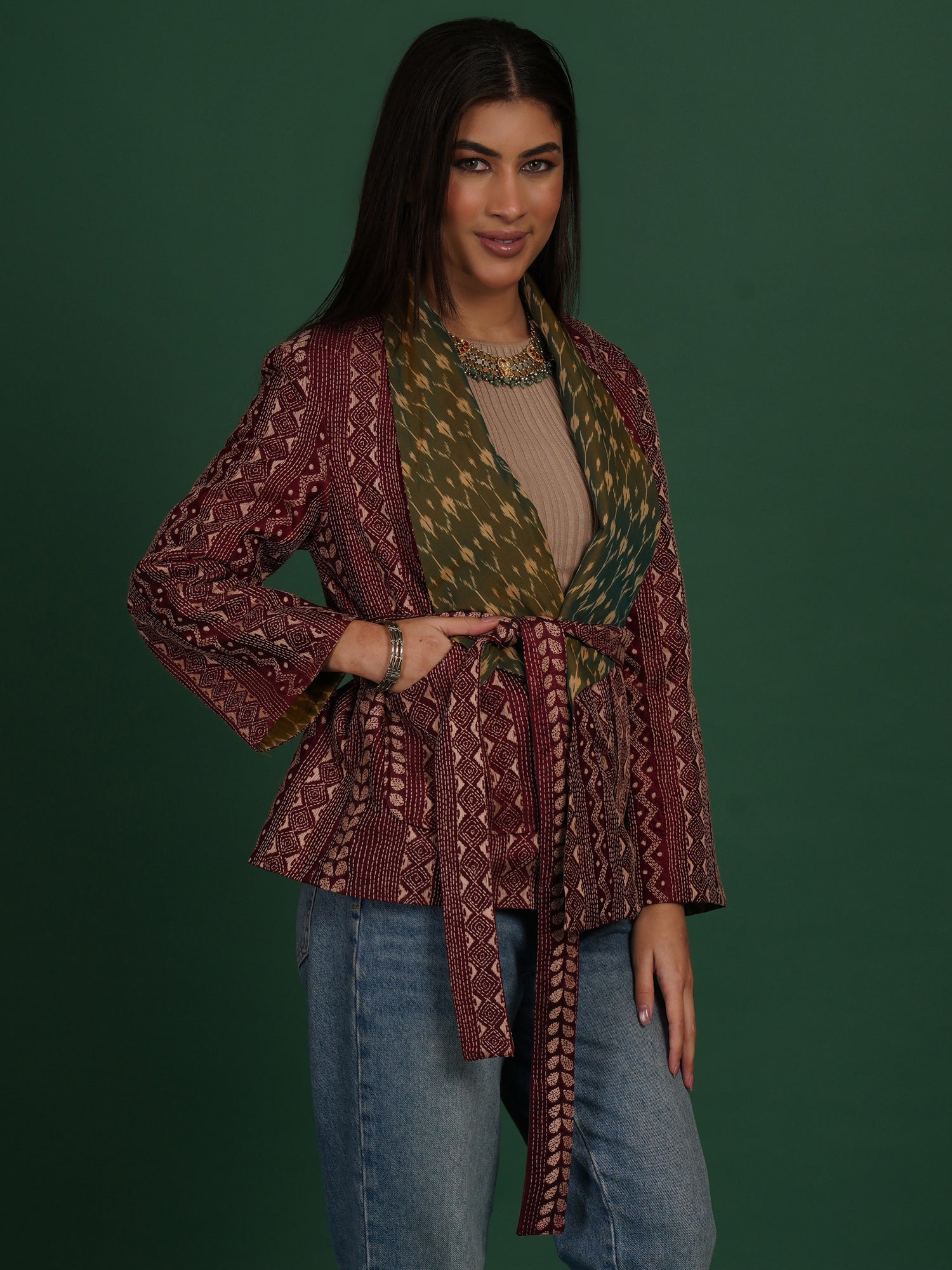 Maroon Kantha Green Ikat Cotton Short Jacket