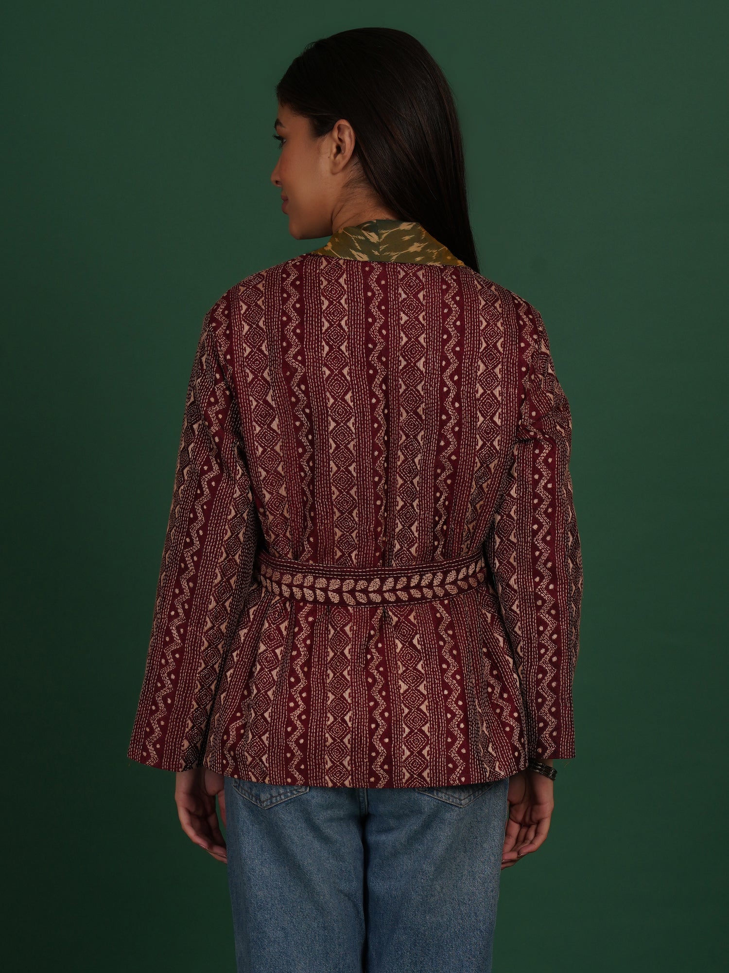Maroon Kantha Green Ikat Cotton Short Jacket