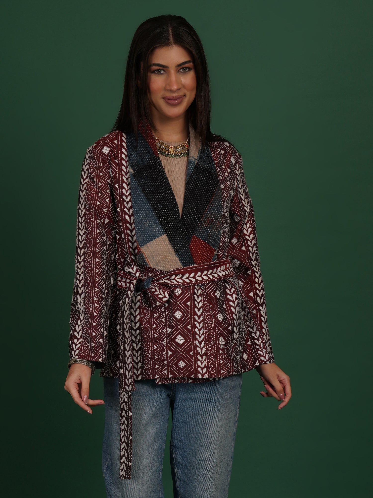 Maroon Kantha Ajrak Short Jacket