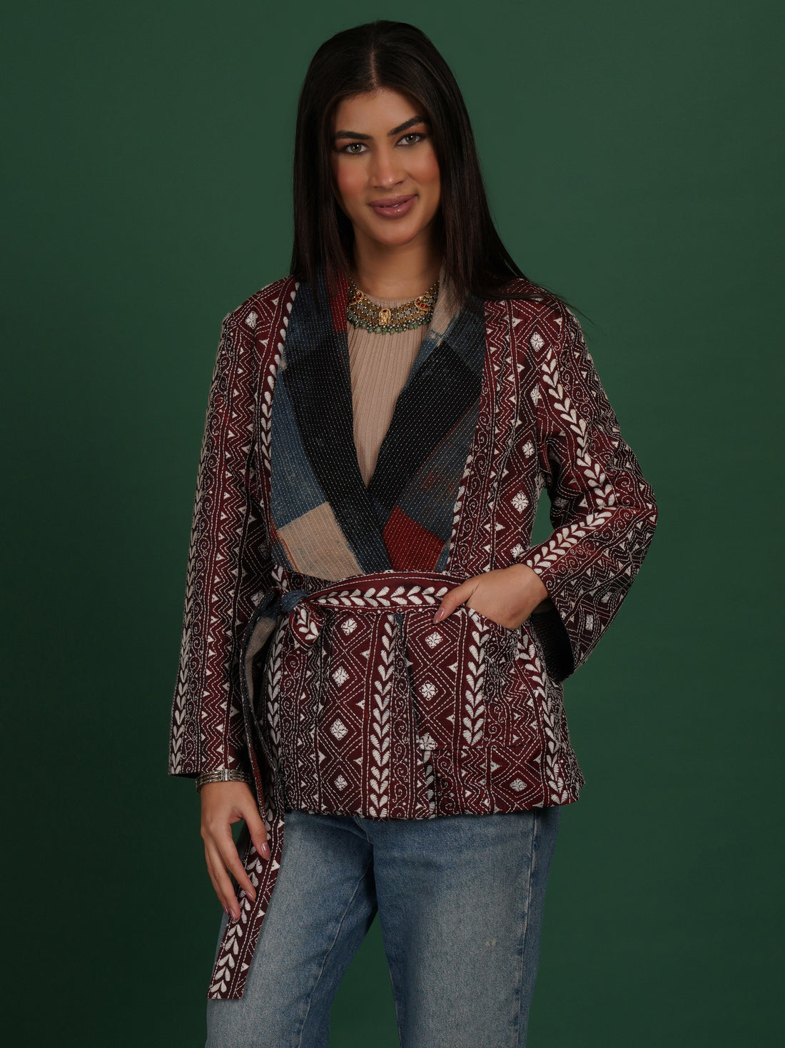 Maroon Kantha Ajrak Short Jacket
