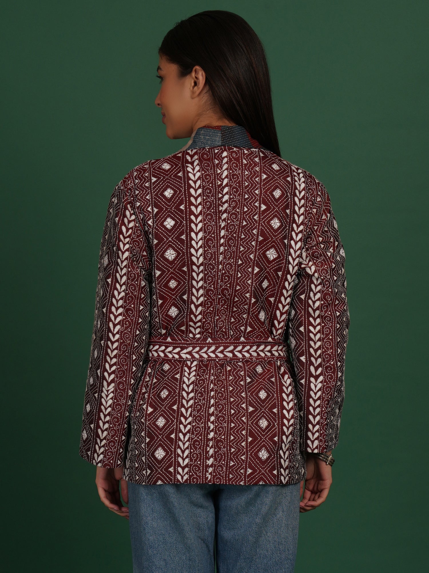 Maroon Kantha Ajrak Short Jacket