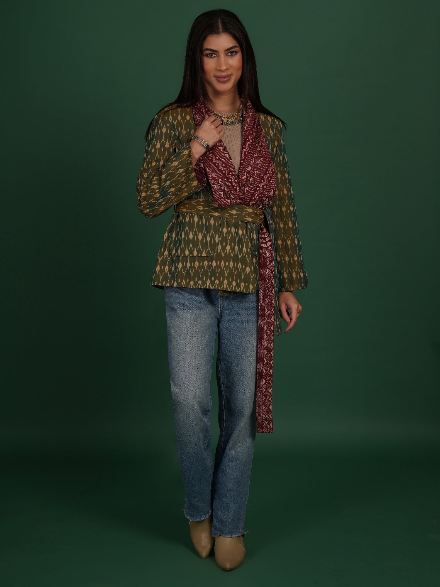 Maroon Kantha Green Ikat Cotton Short Jacket