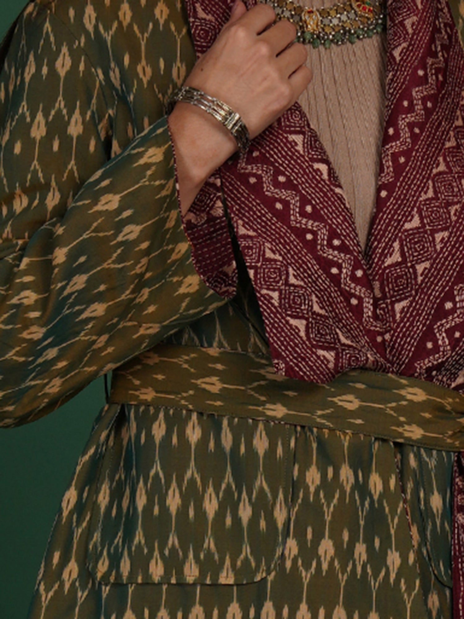 Maroon Kantha Green Ikat Cotton Short Jacket