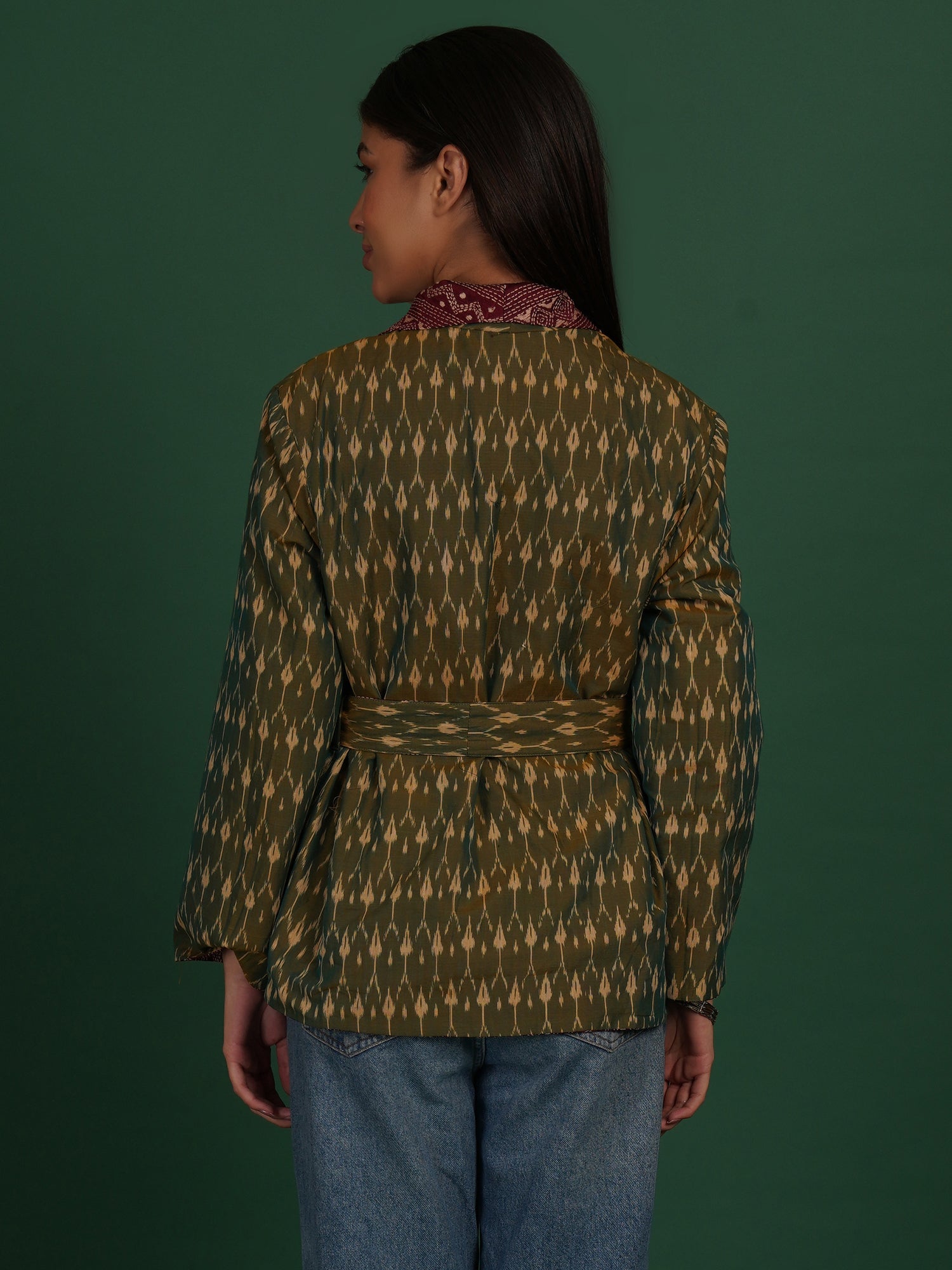 Maroon Kantha Green Ikat Cotton Short Jacket