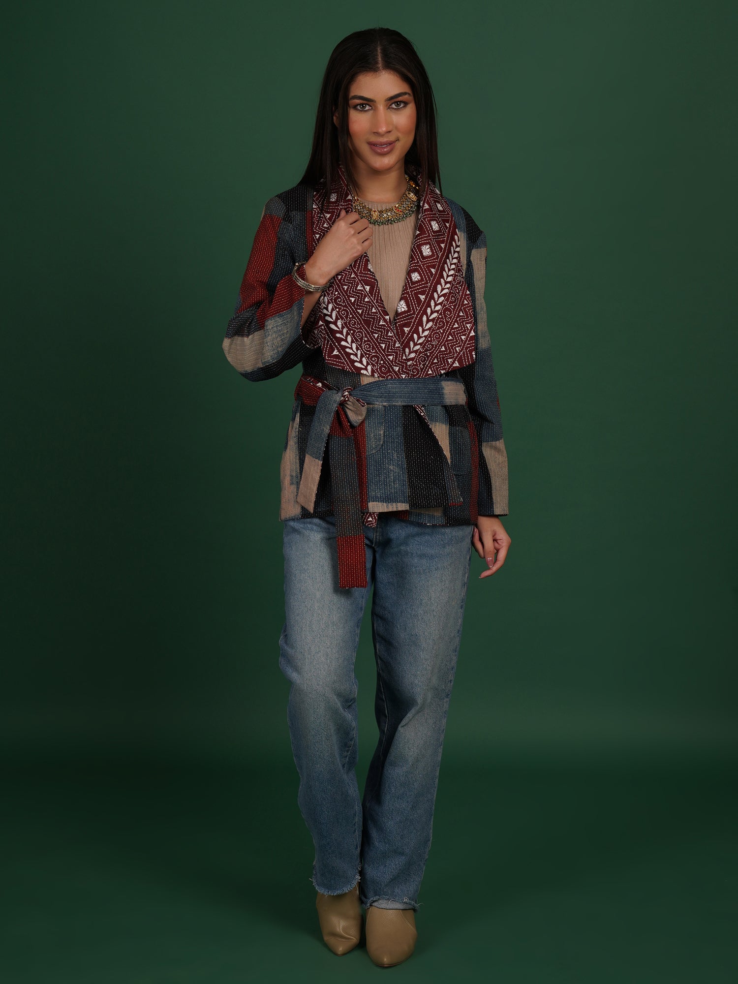 Maroon Kantha Ajrak Short Jacket