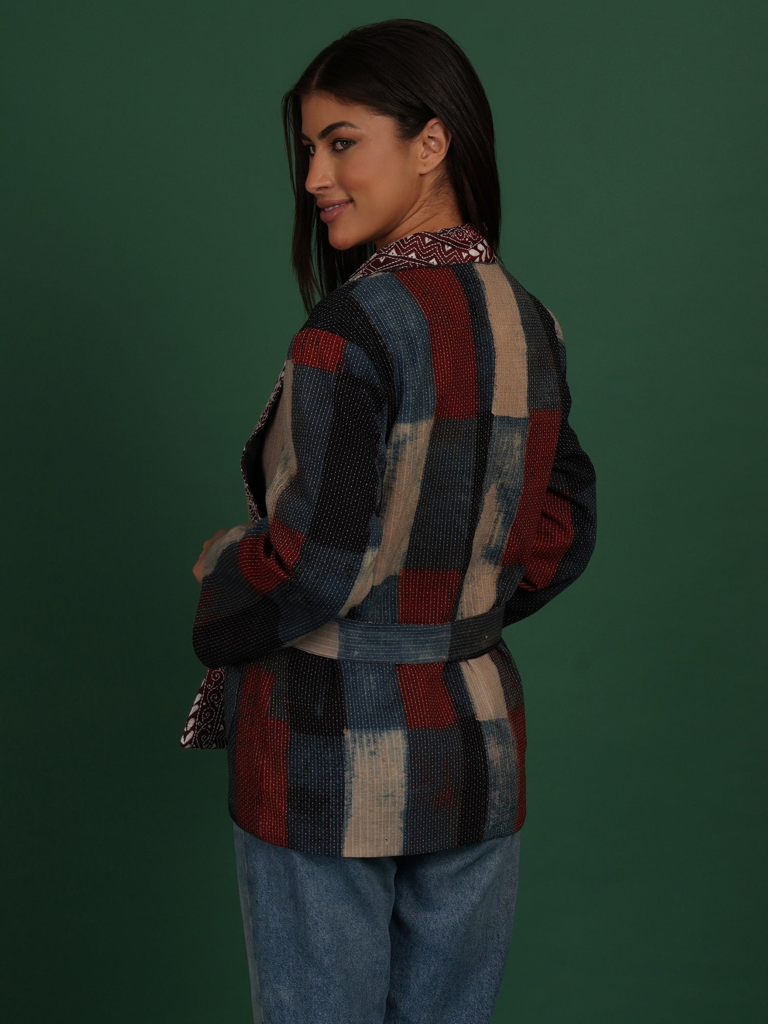 Maroon Kantha Ajrak Short Jacket