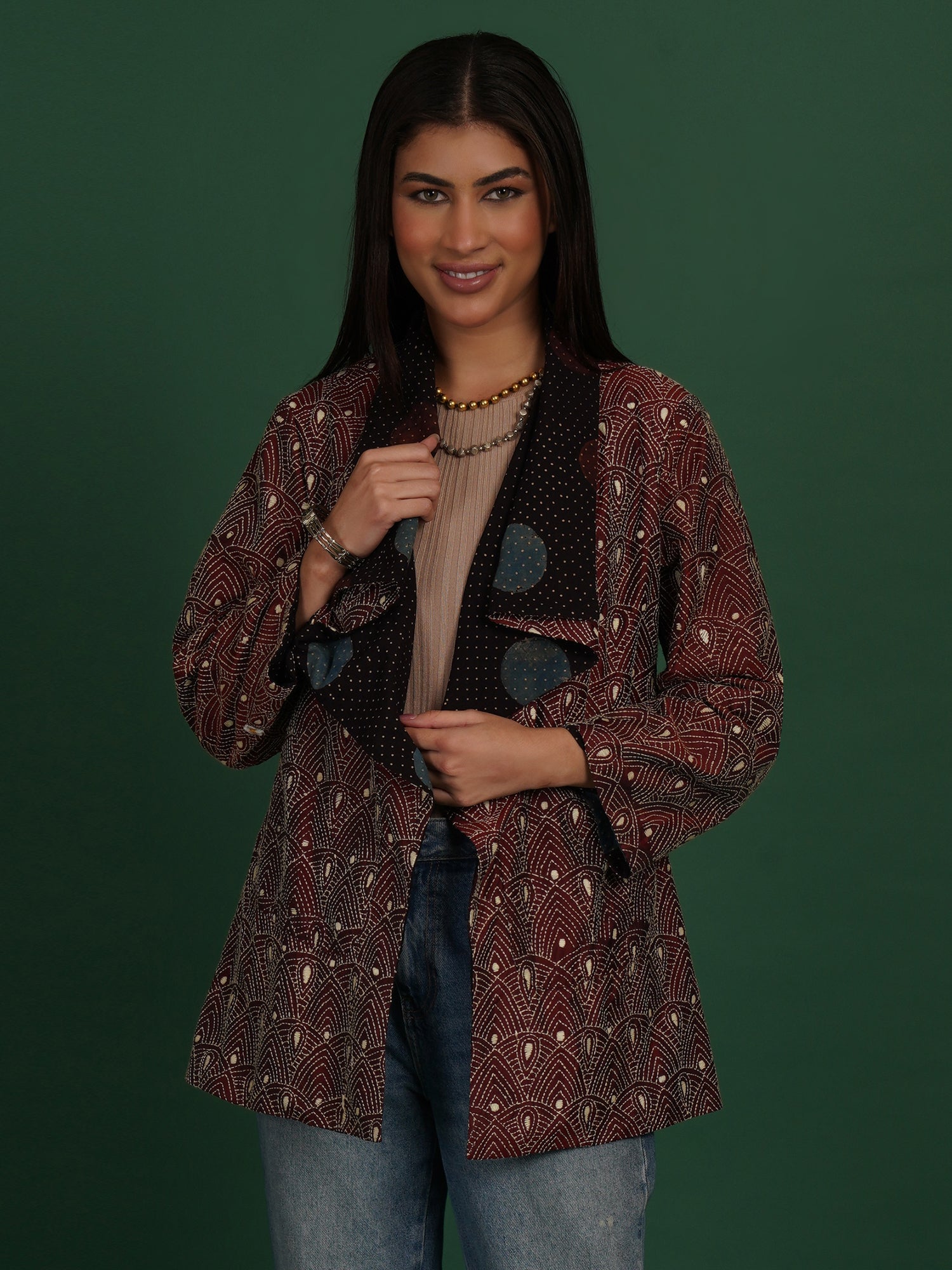 Maroon Kantha Ajrak Overlay