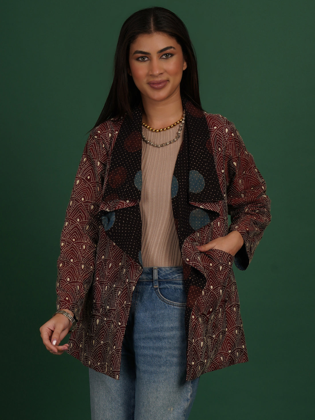 Maroon Kantha Ajrak Overlay