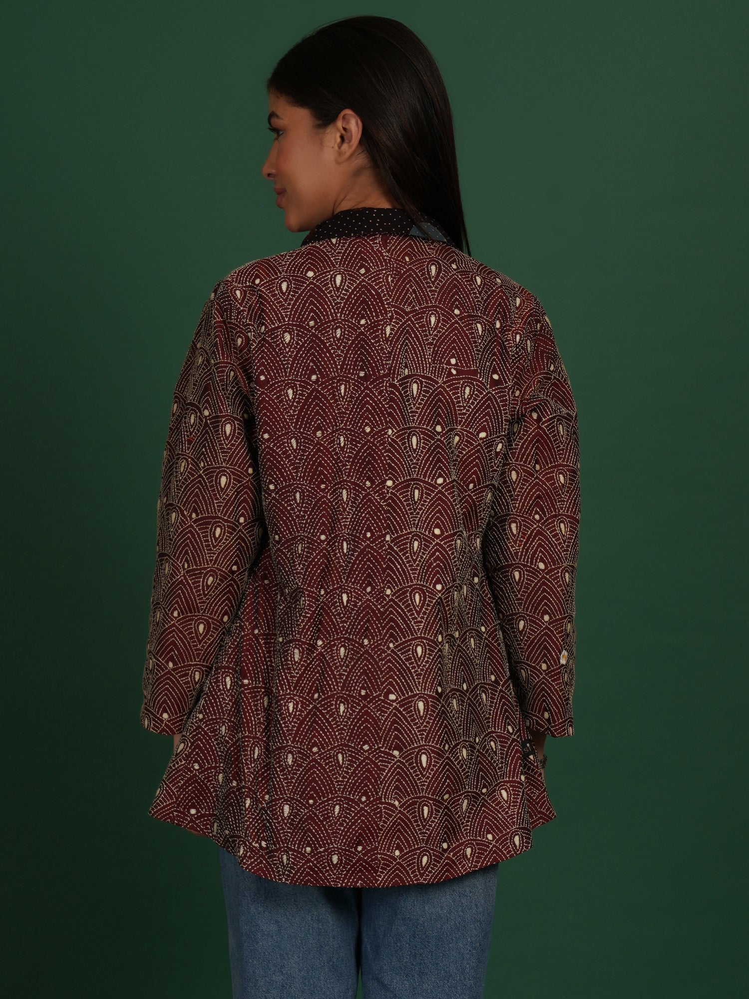 Maroon Kantha Ajrak Overlay