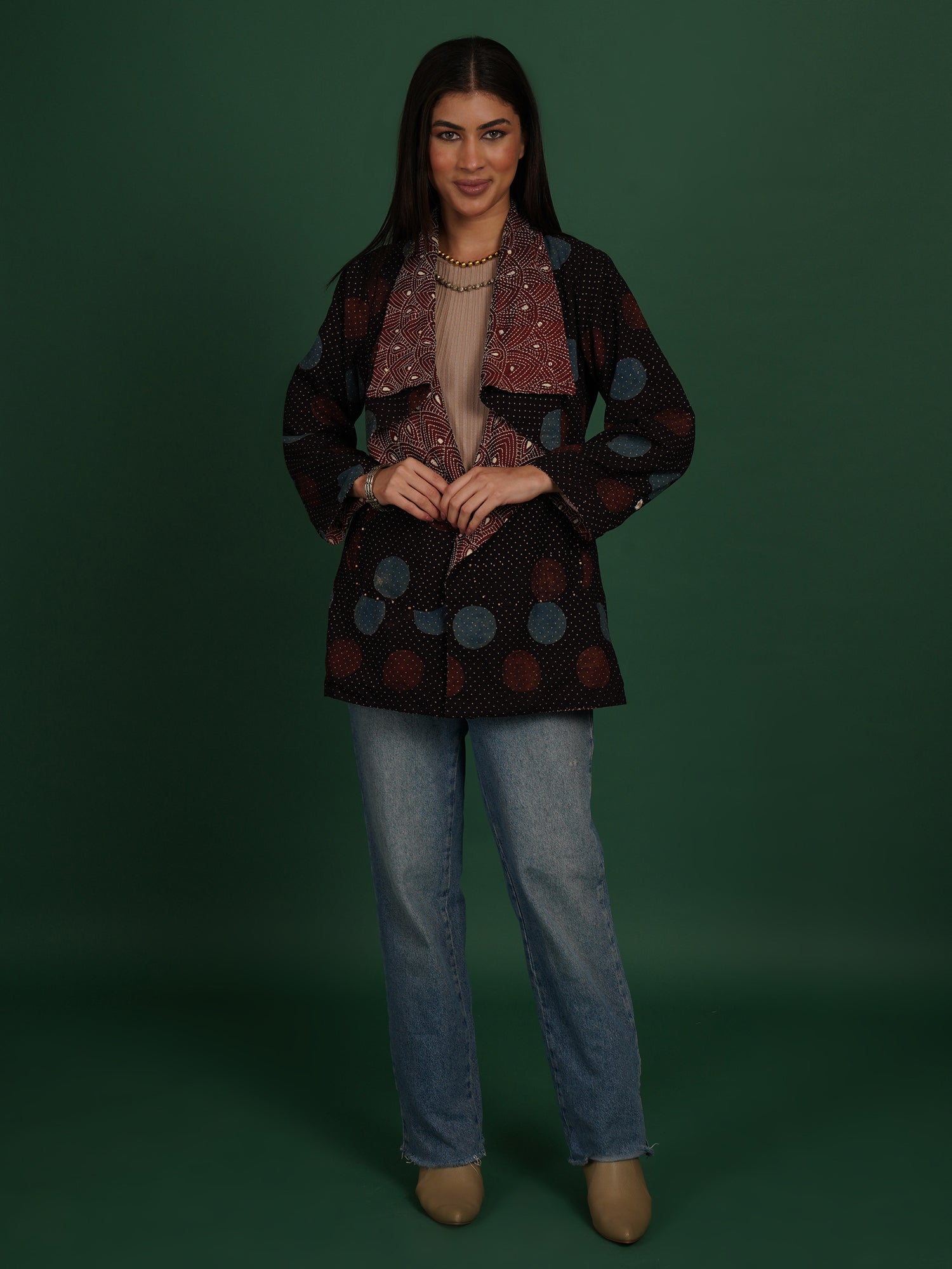 Maroon Kantha Ajrak Overlay