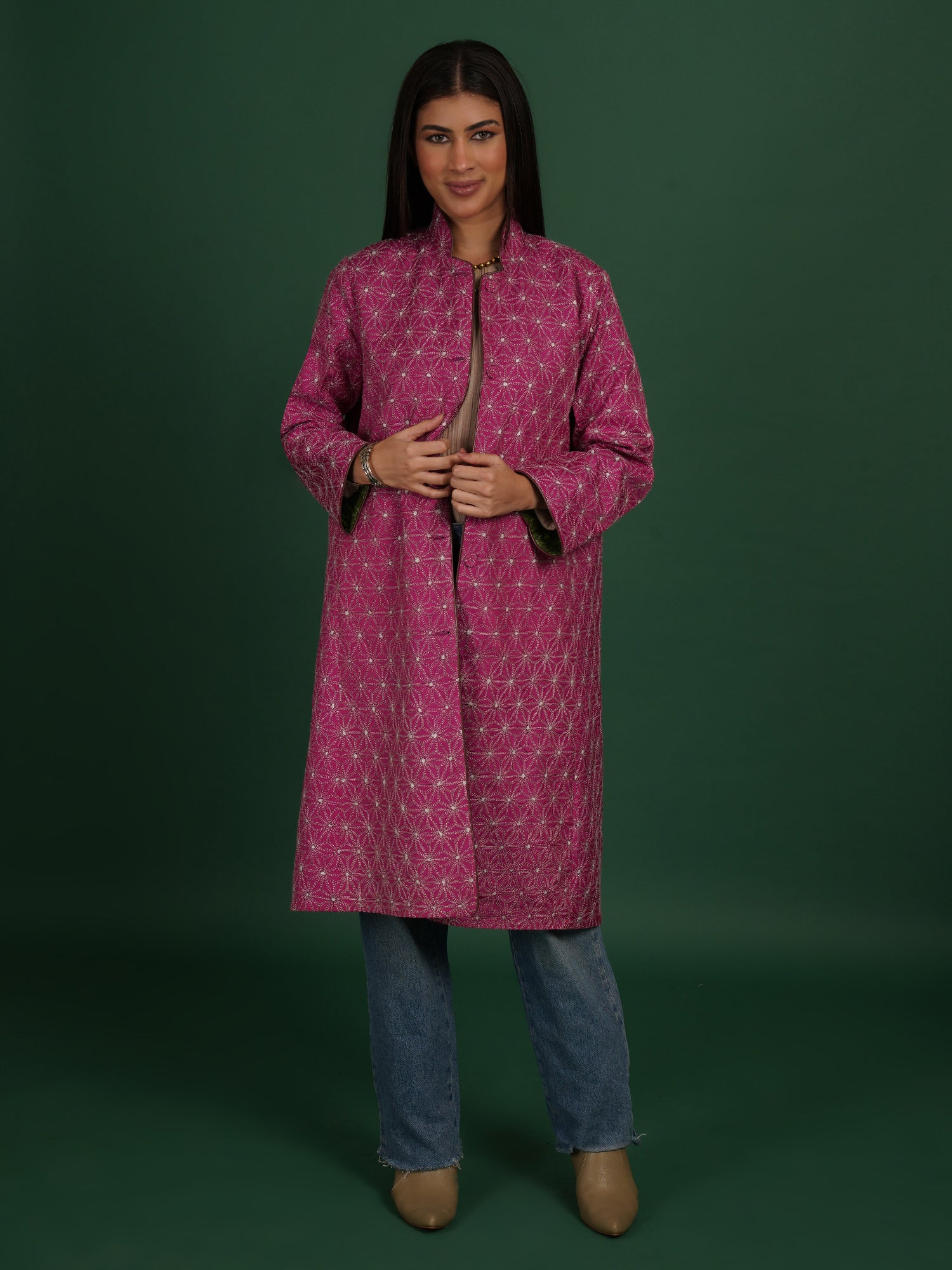 Pink Kantha Green Ikat Cotton Long Jacket