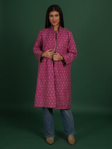 Pink Kantha Green Ikat Cotton Long Jacket