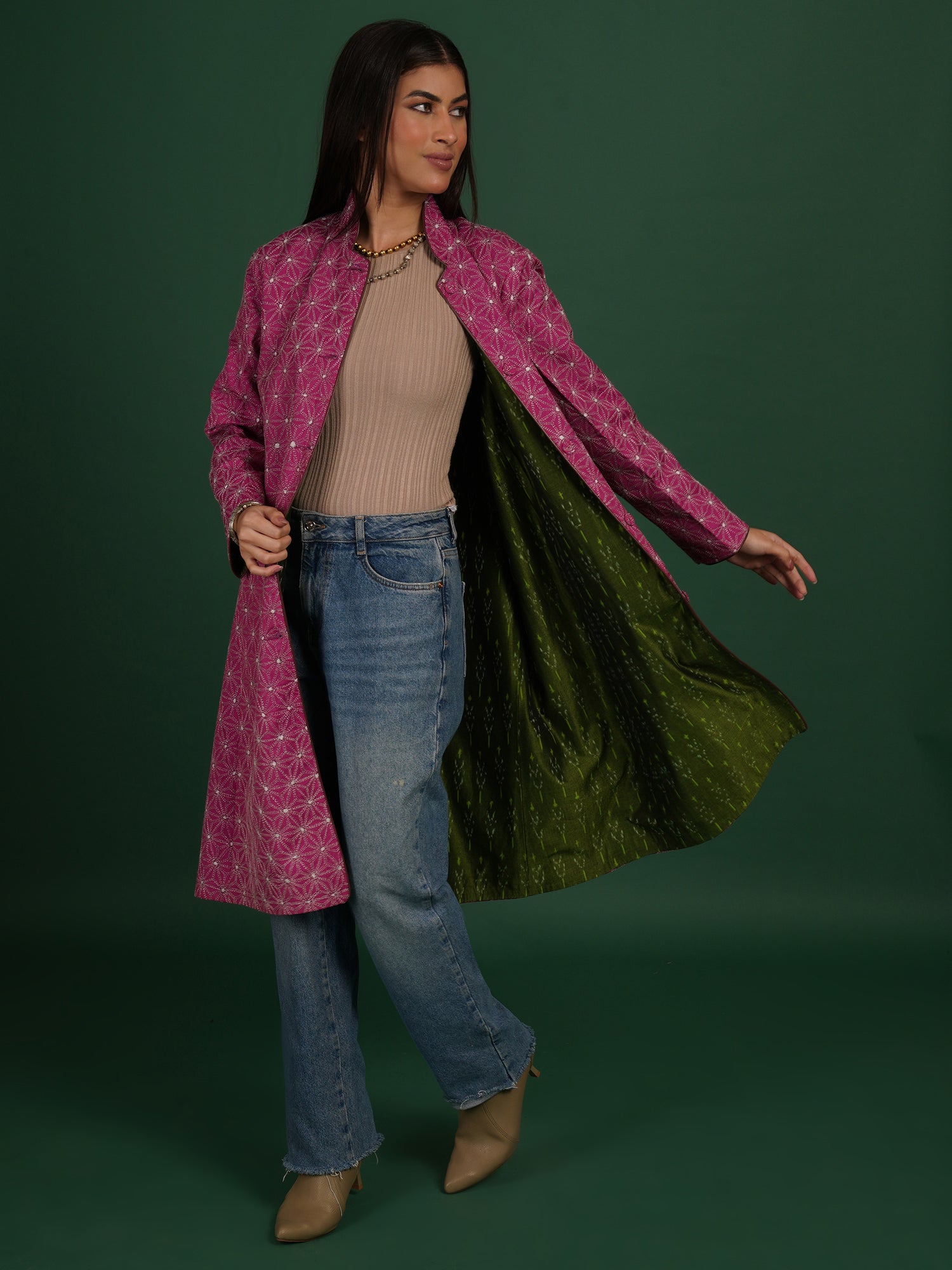 Pink Kantha Green Ikat Cotton Long Jacket