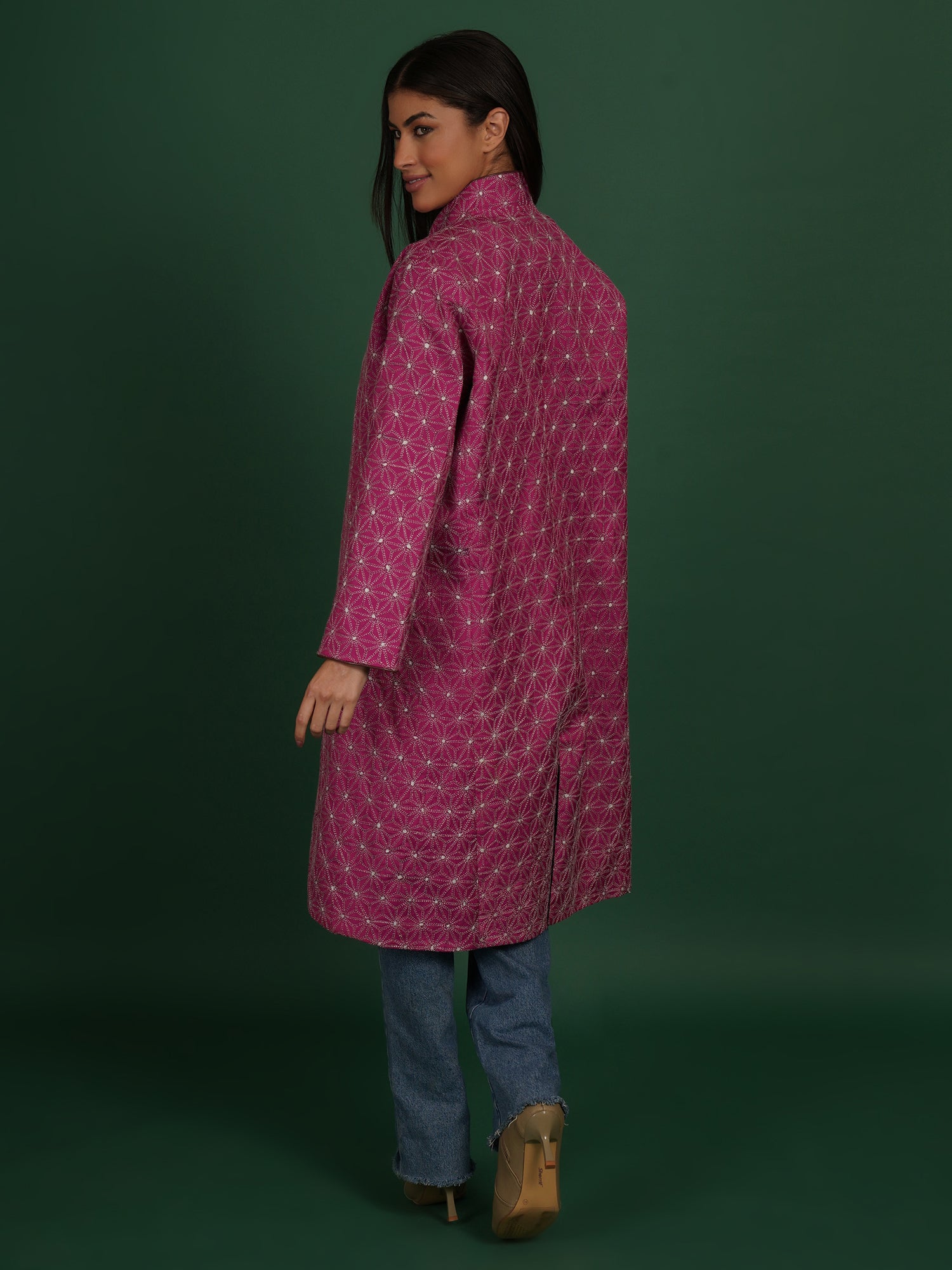 Pink Kantha Green Ikat Cotton Long Jacket