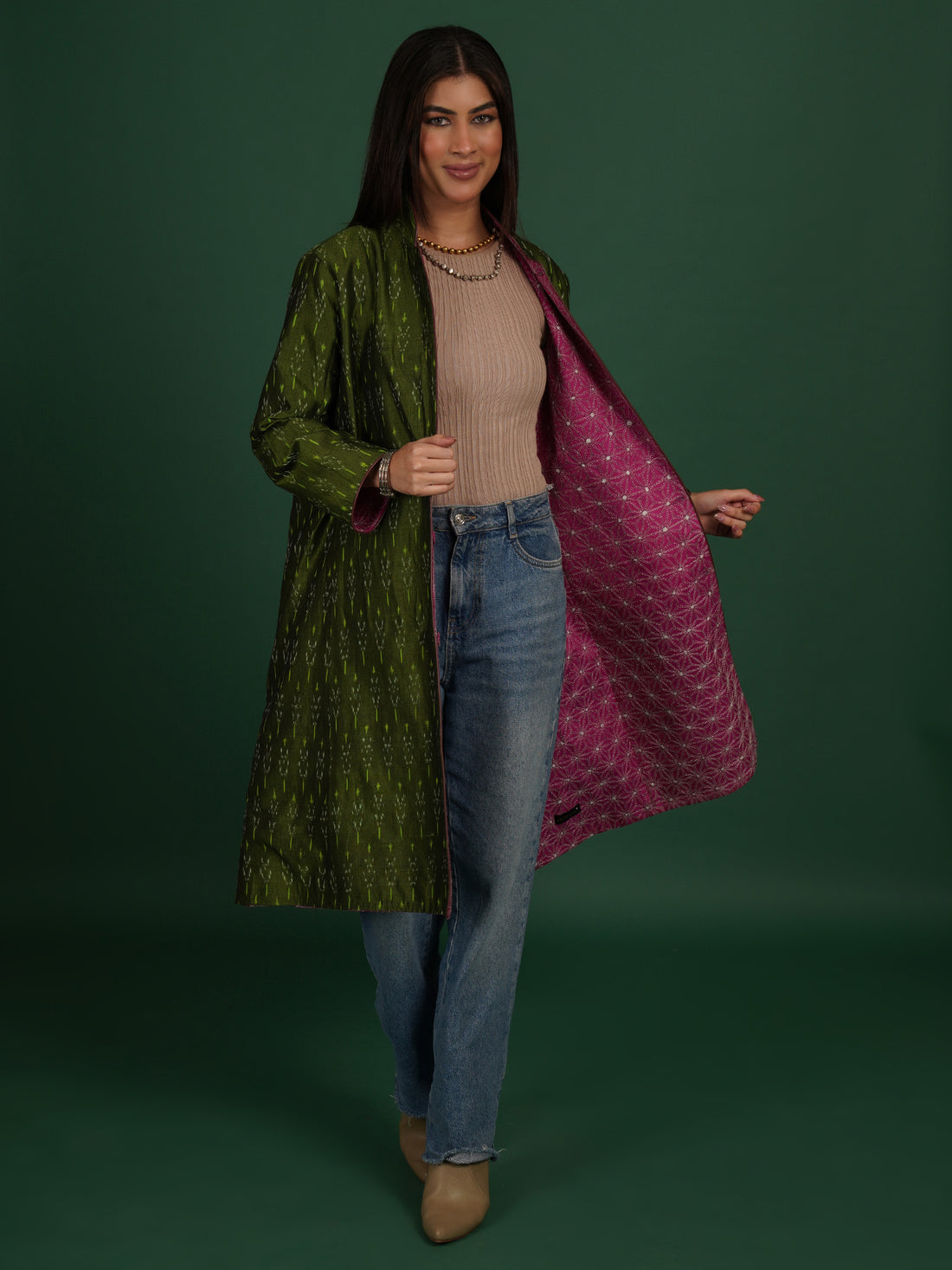Pink Kantha Green Ikat Cotton Long Jacket