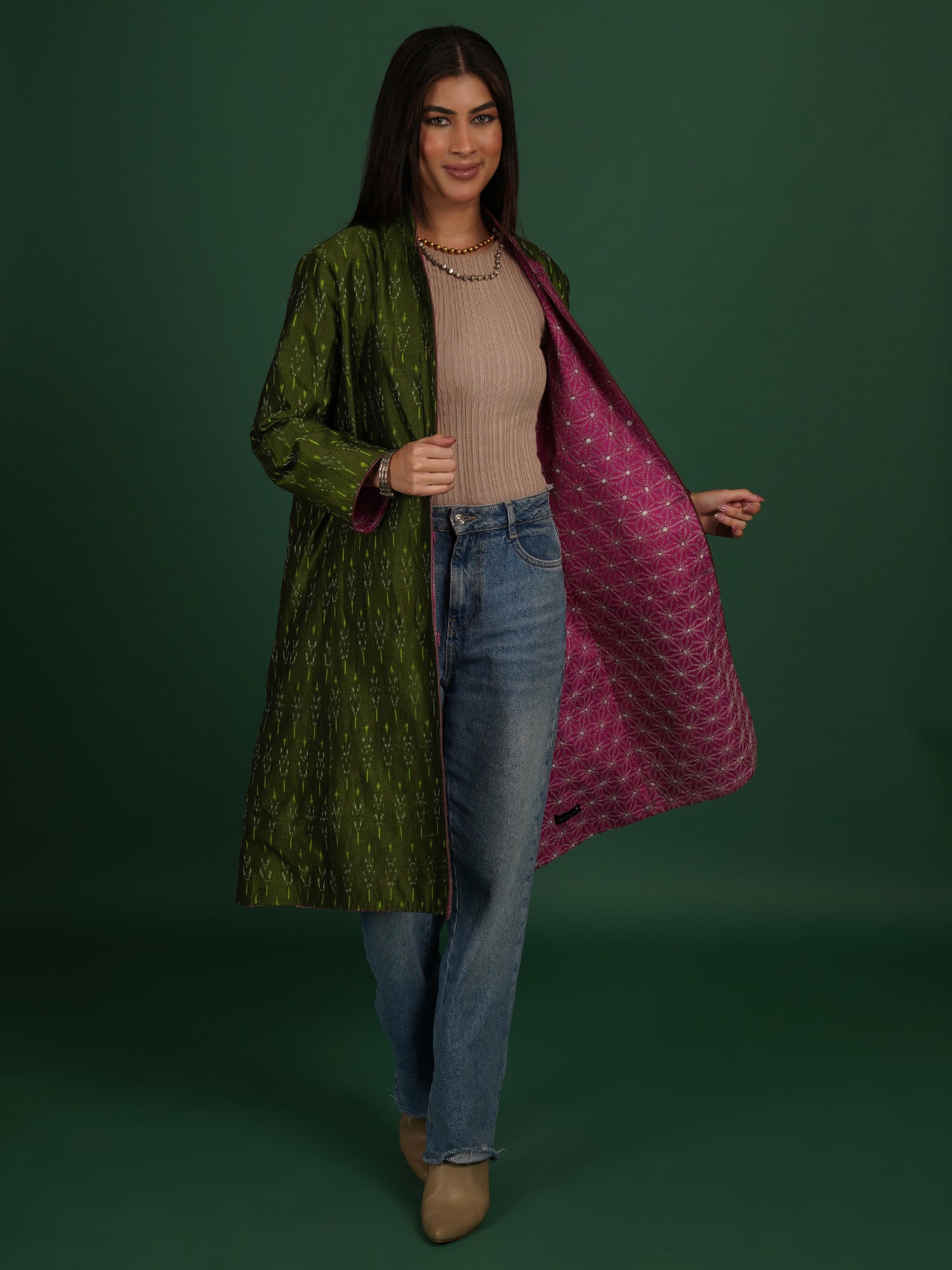 Pink Kantha Green Ikat Cotton Long Jacket