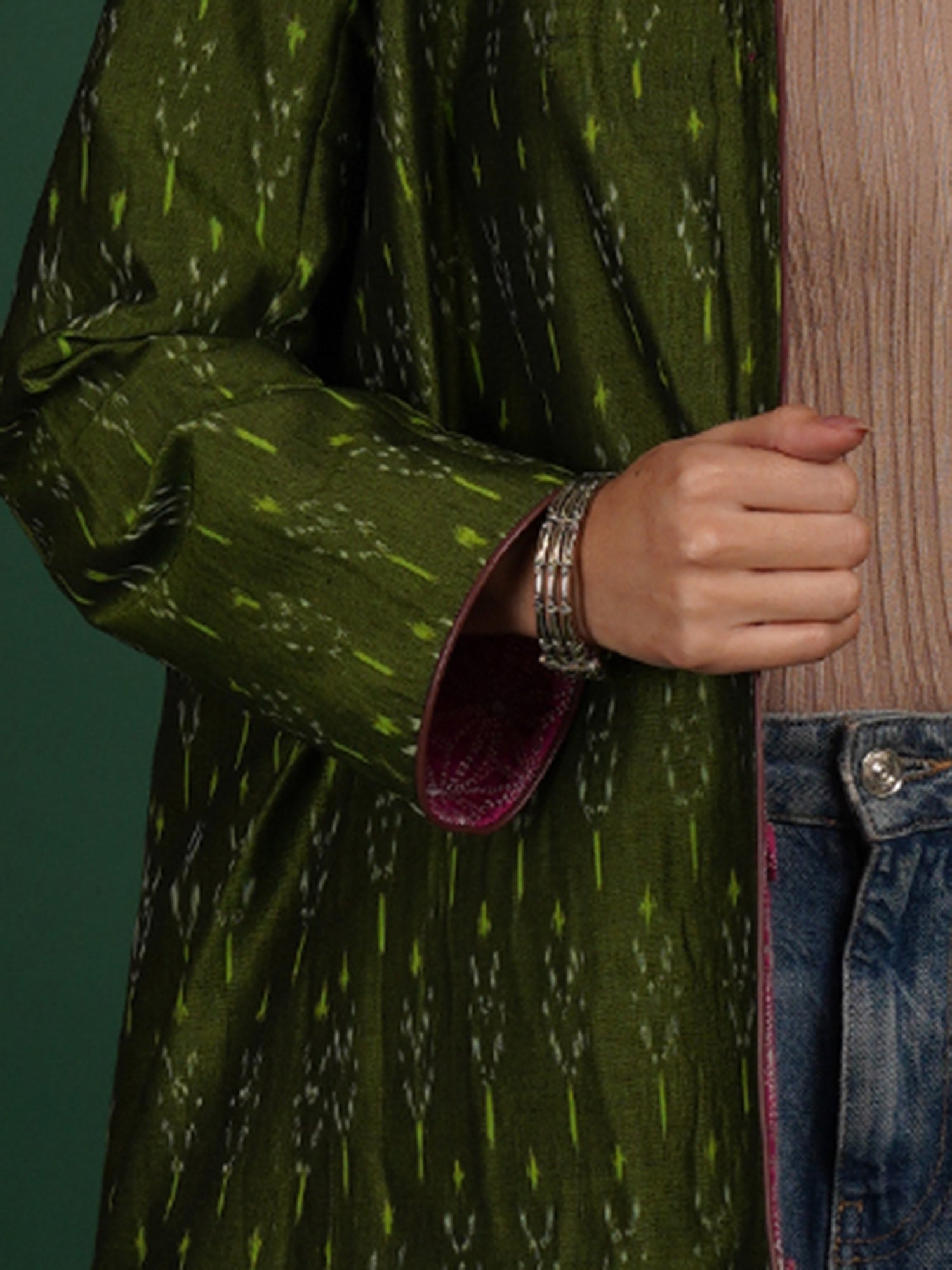 Pink Kantha Green Ikat Cotton Long Jacket