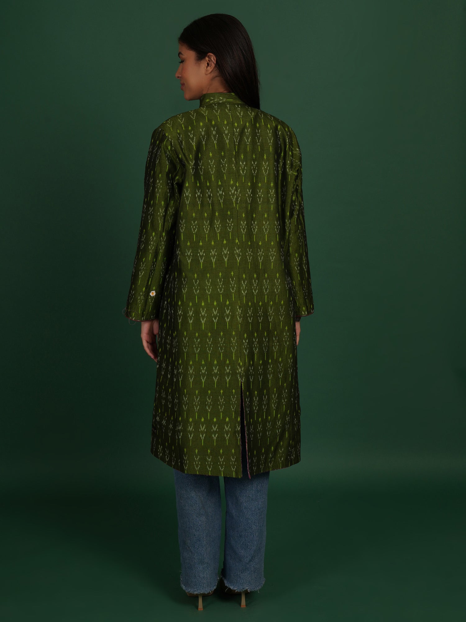 Pink Kantha Green Ikat Cotton Long Jacket