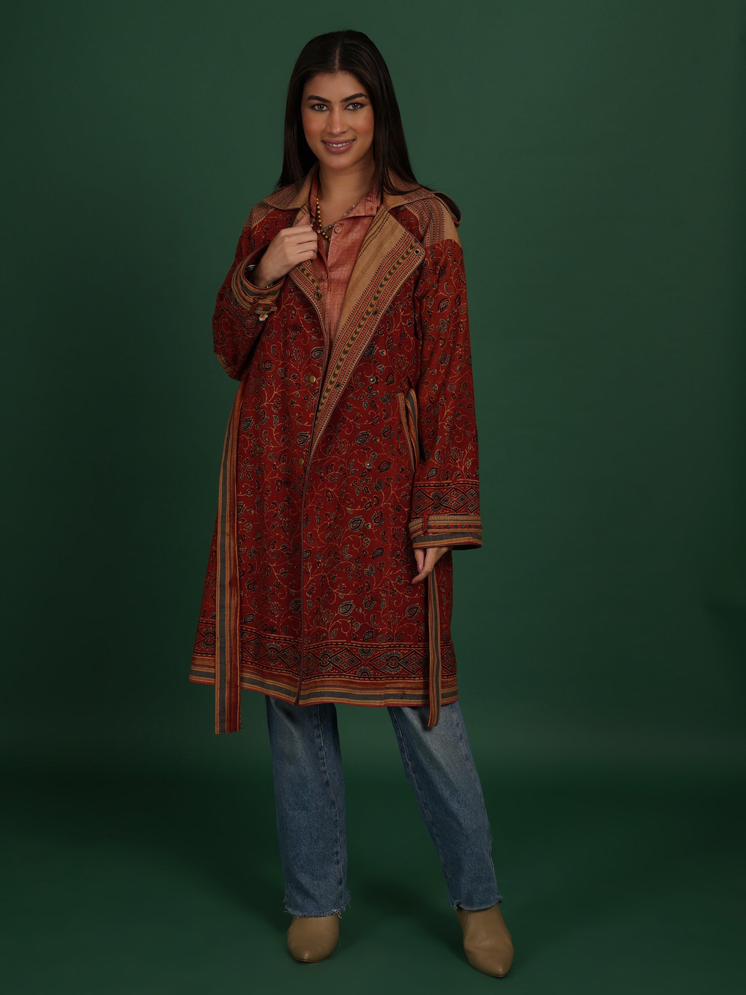 Rust Bhujodi Ajrak Trench Jacket