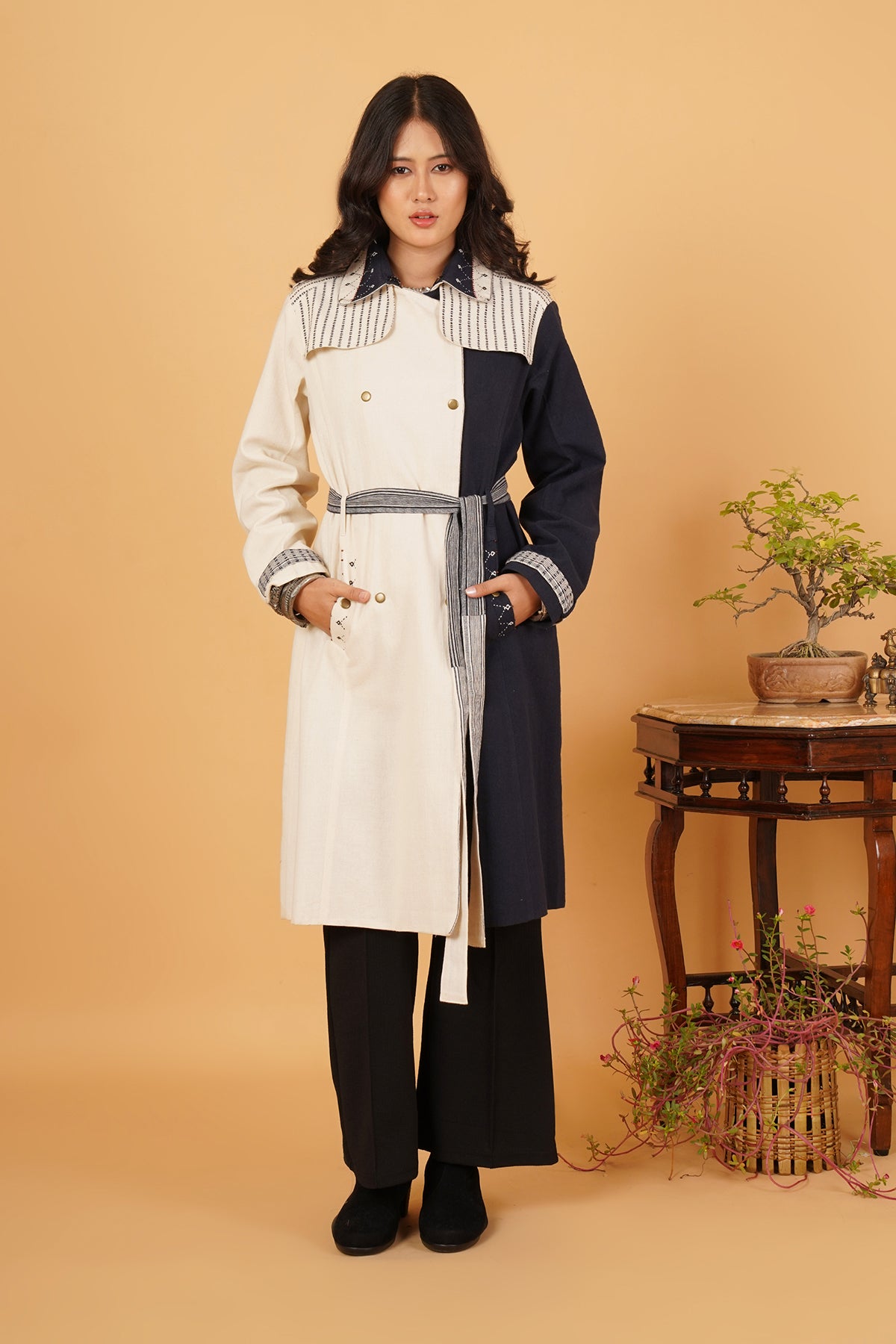 Navy & White Bhujodi Trenchcoat