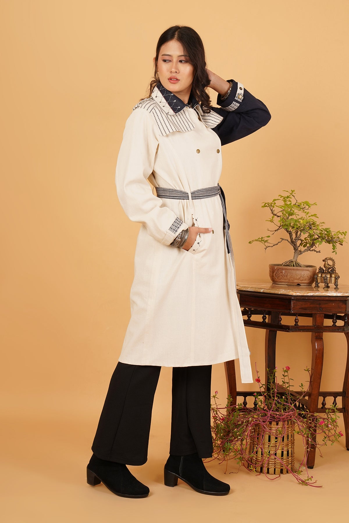 Navy & White Bhujodi Trenchcoat