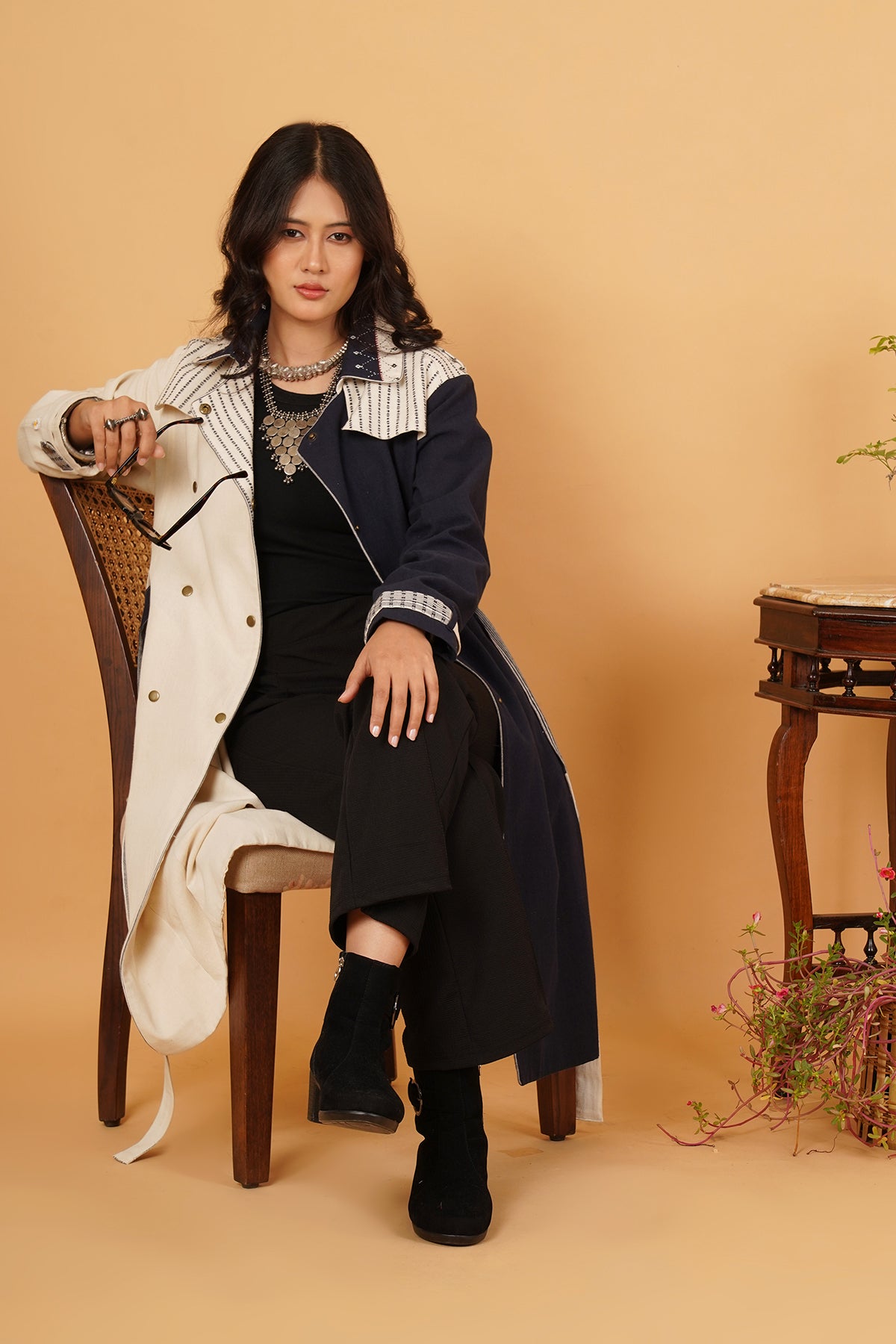 Navy & White Bhujodi Trenchcoat